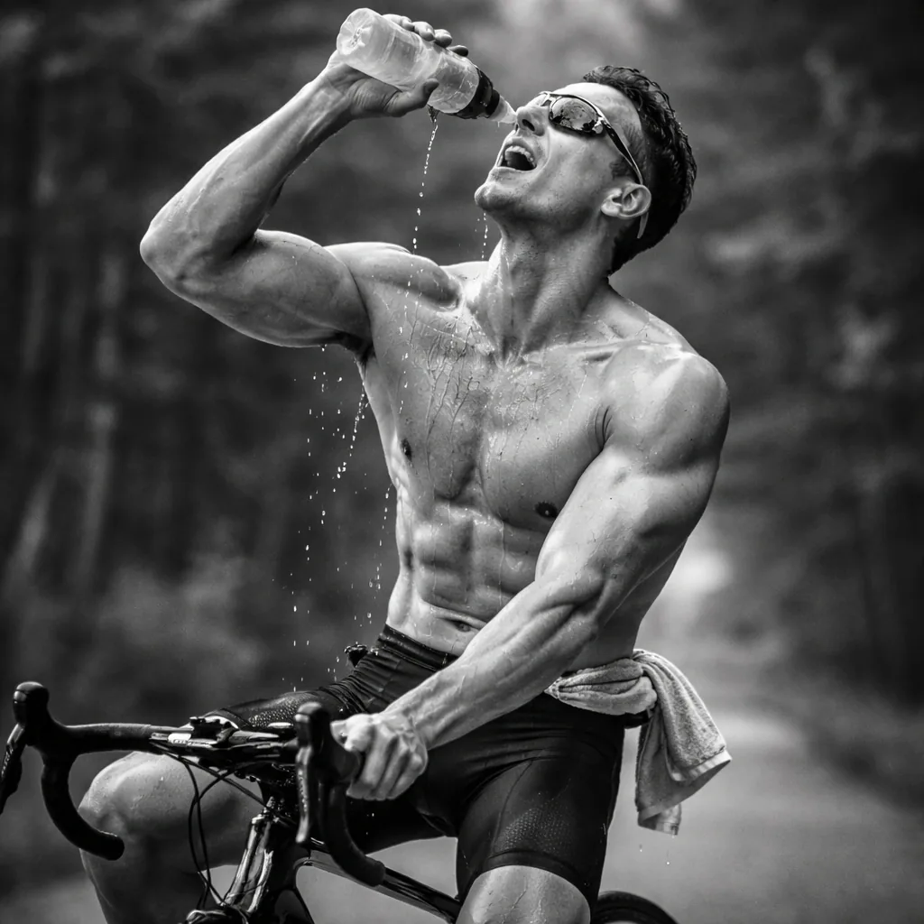 A shirtless cyclist pouring water over his face during a ride