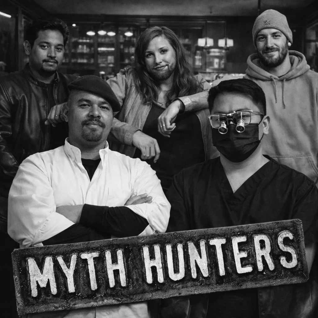 FIVE PEOPLE STANDING AROUND A SIGN CALLED MYH HUNTERS