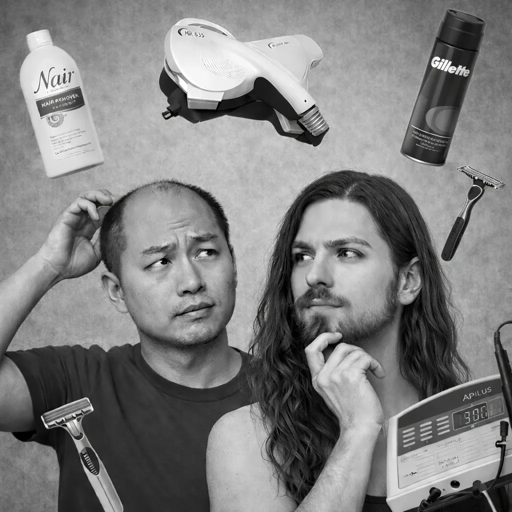 Two men surrounded by floating hair-removal options: Nair cream, a home laser device, shaving gel, a razor, and an Apilus electrolysis machine