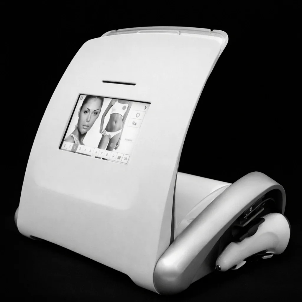 An Apilus electrolysis console with its touchscreen and handpiece against a black background
