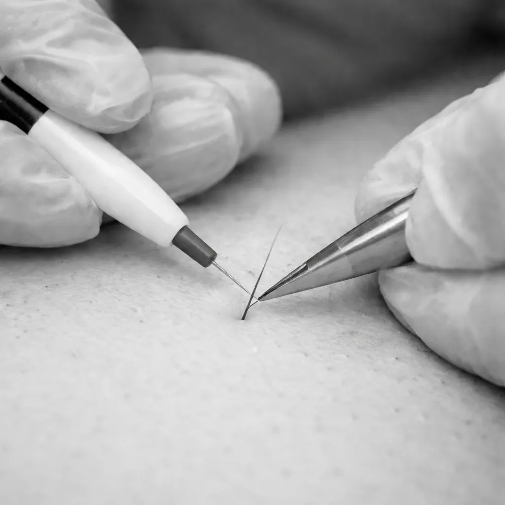 Gloved hands inserting an electrolysis probe alongside a hair while holding tweezers ready to lift it