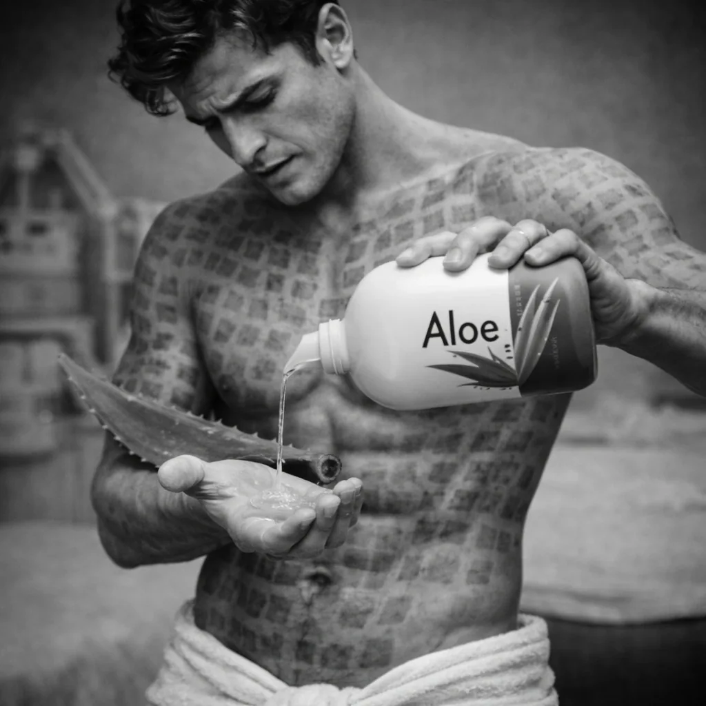 A shirtless man pouring aloe vera gel into his palm beside a cut aloe leaf
