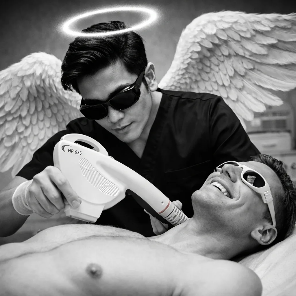 A laughing client in eye shields being lasered with an HR 635 by a technician wearing angel wings and a halo