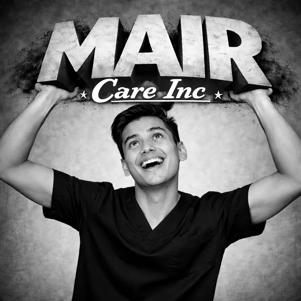 A smiling man in scrubs holding a large MAIR Care Inc. sign above his head