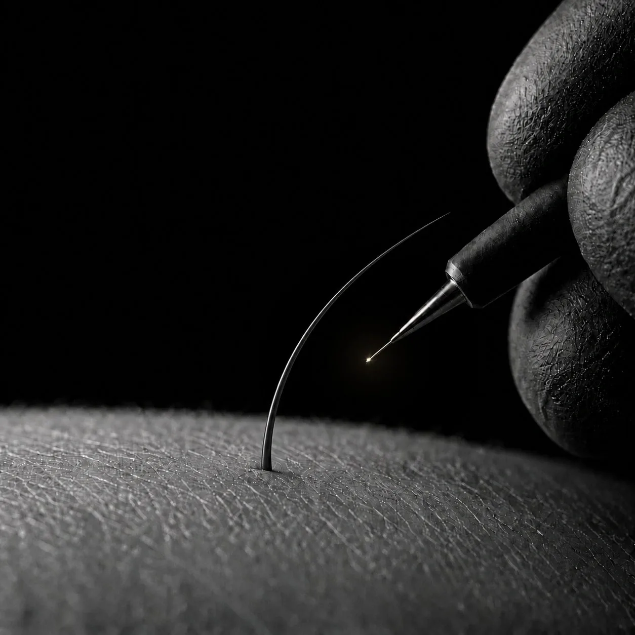 Extreme close-up of an electrolysis probe treating a single hair, with a spark of energy at the follicle
