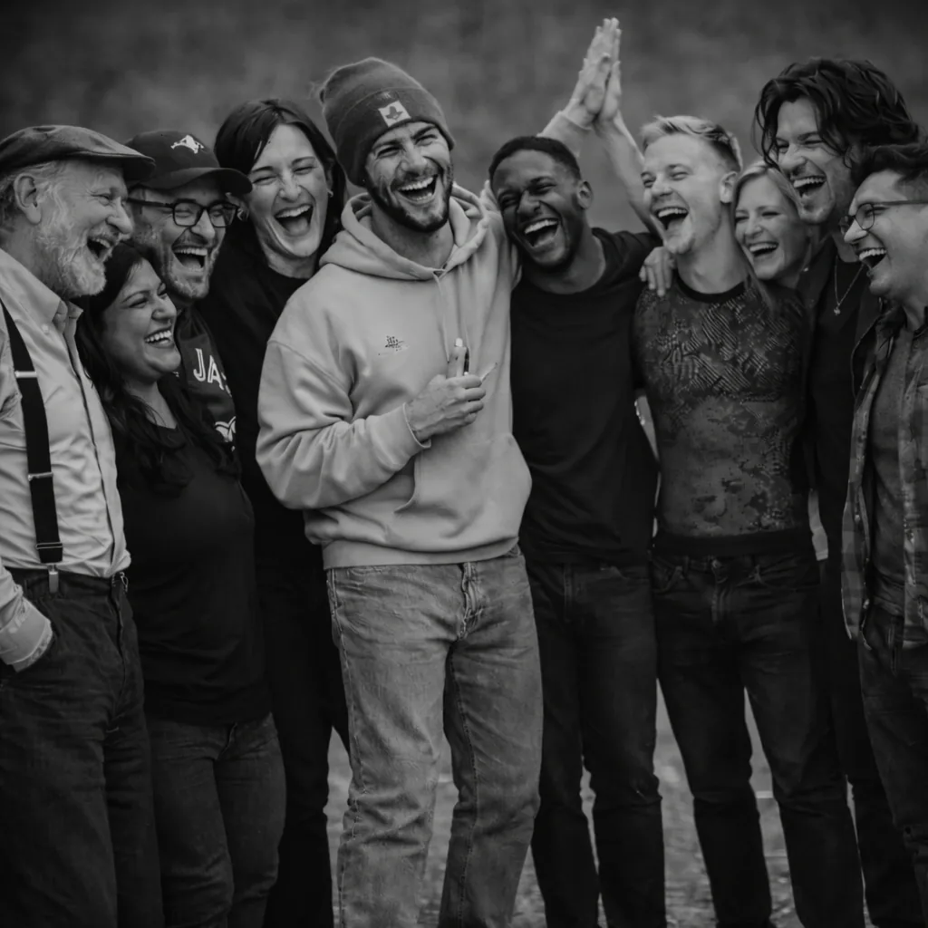 A large diverse group of clients standing together laughing