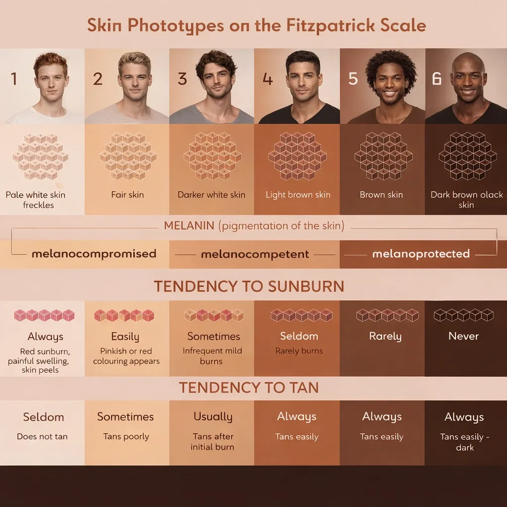 Chart of the six Fitzpatrick skin phototypes with melanin level, sunburn tendency and tanning tendency for each
