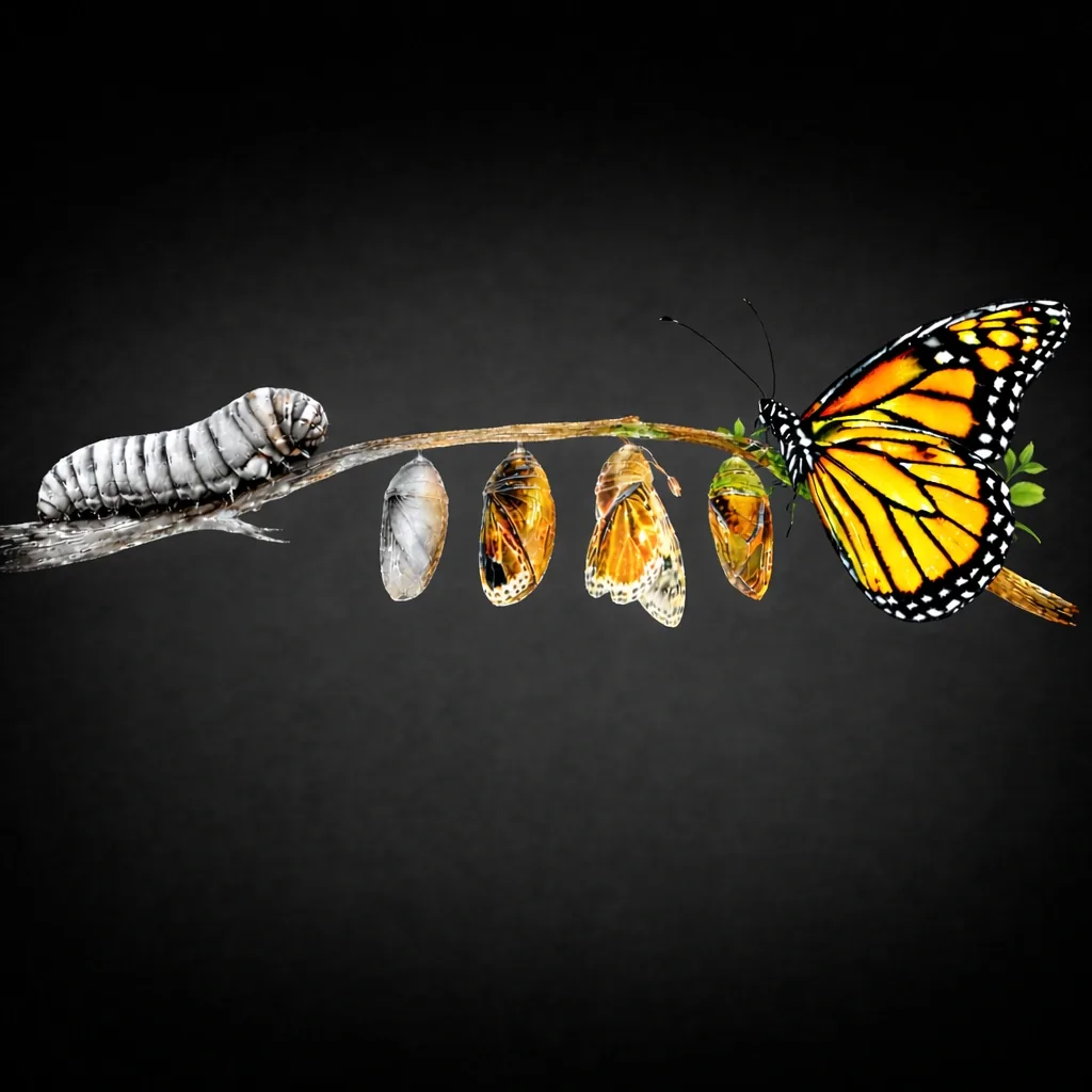 The monarch butterfly life cycle shown left to right from caterpillar through chrysalis to a fully coloured butterfly