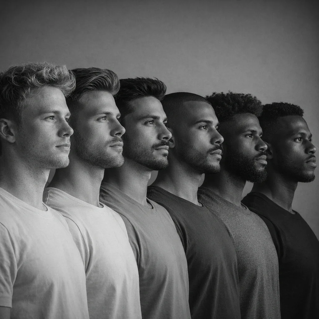 row of six men of varying skin tones denoting the Fitzpatrick Scale
