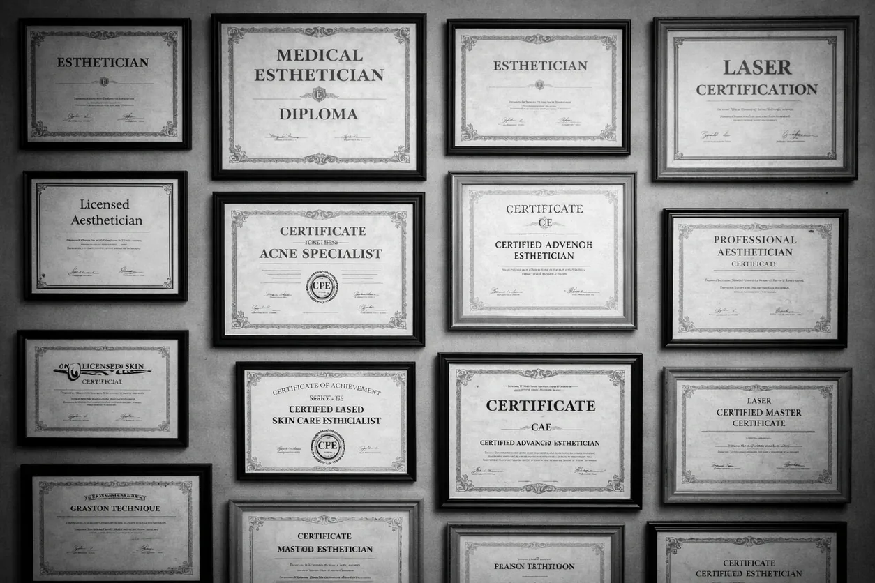 A wall of framed esthetician, medical esthetician and laser certification diplomas