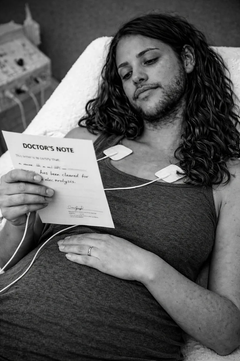 A pregnant bearded person holding their belly beside an electrolysis anode