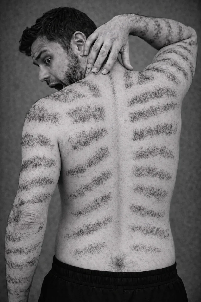 A man looking over his shoulder at his back, which is patterned with striped bands of hair