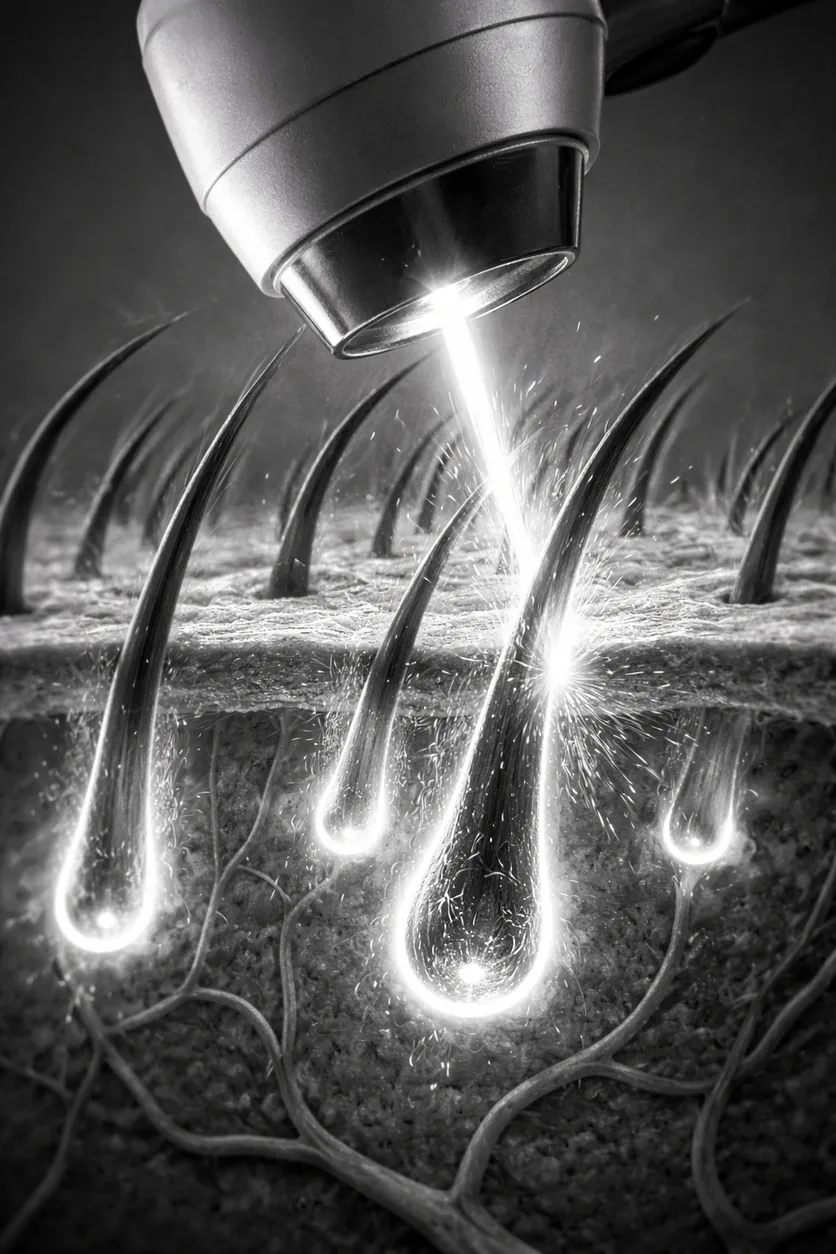 Laser stimulating a hair follicle and an angry sasquatch