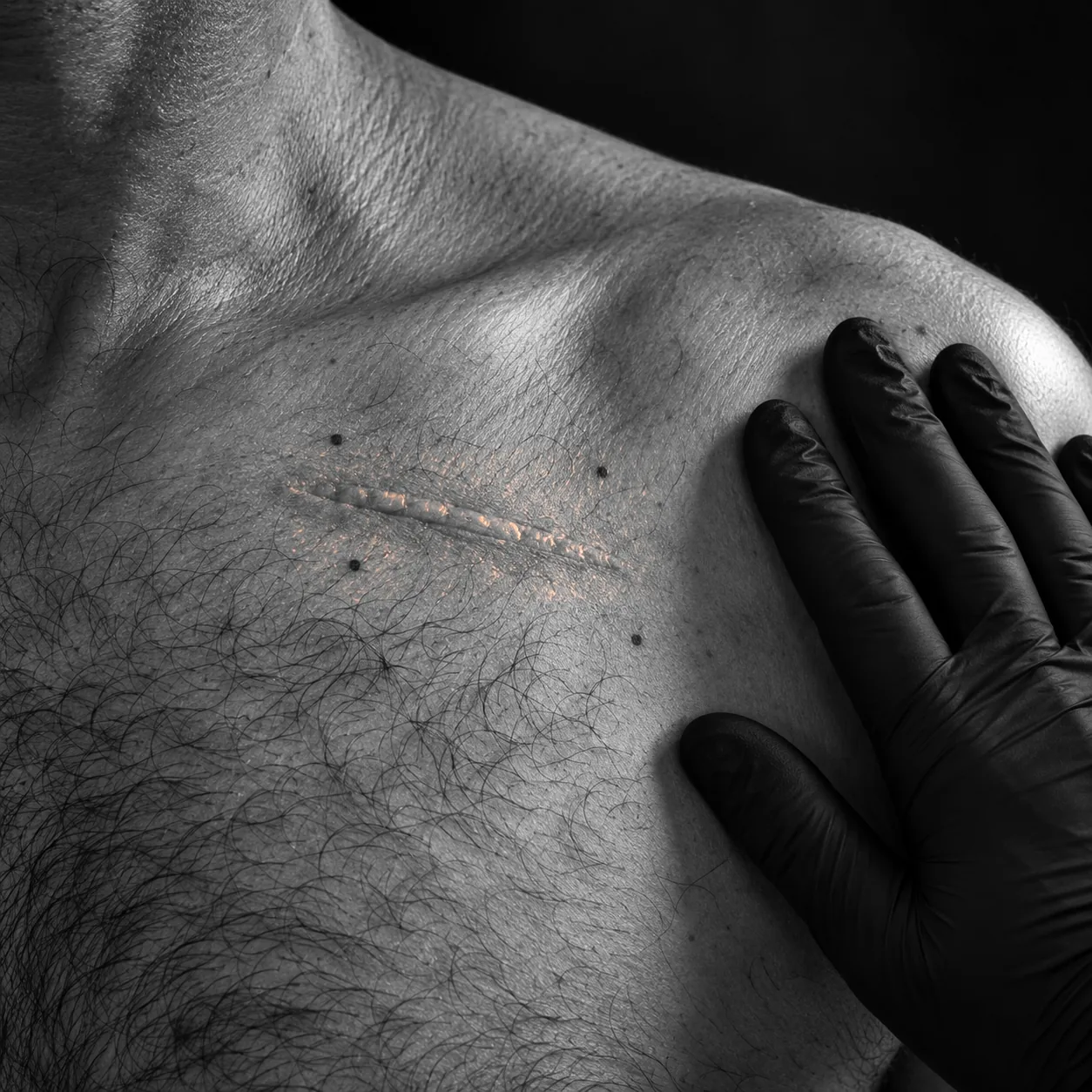 Black and white close-up of a man's upper chest showing a healed chemotherapy port scar picked out in warm colour, with small permanent radiotherapy alignment dots and a gloved hand resting beside it.