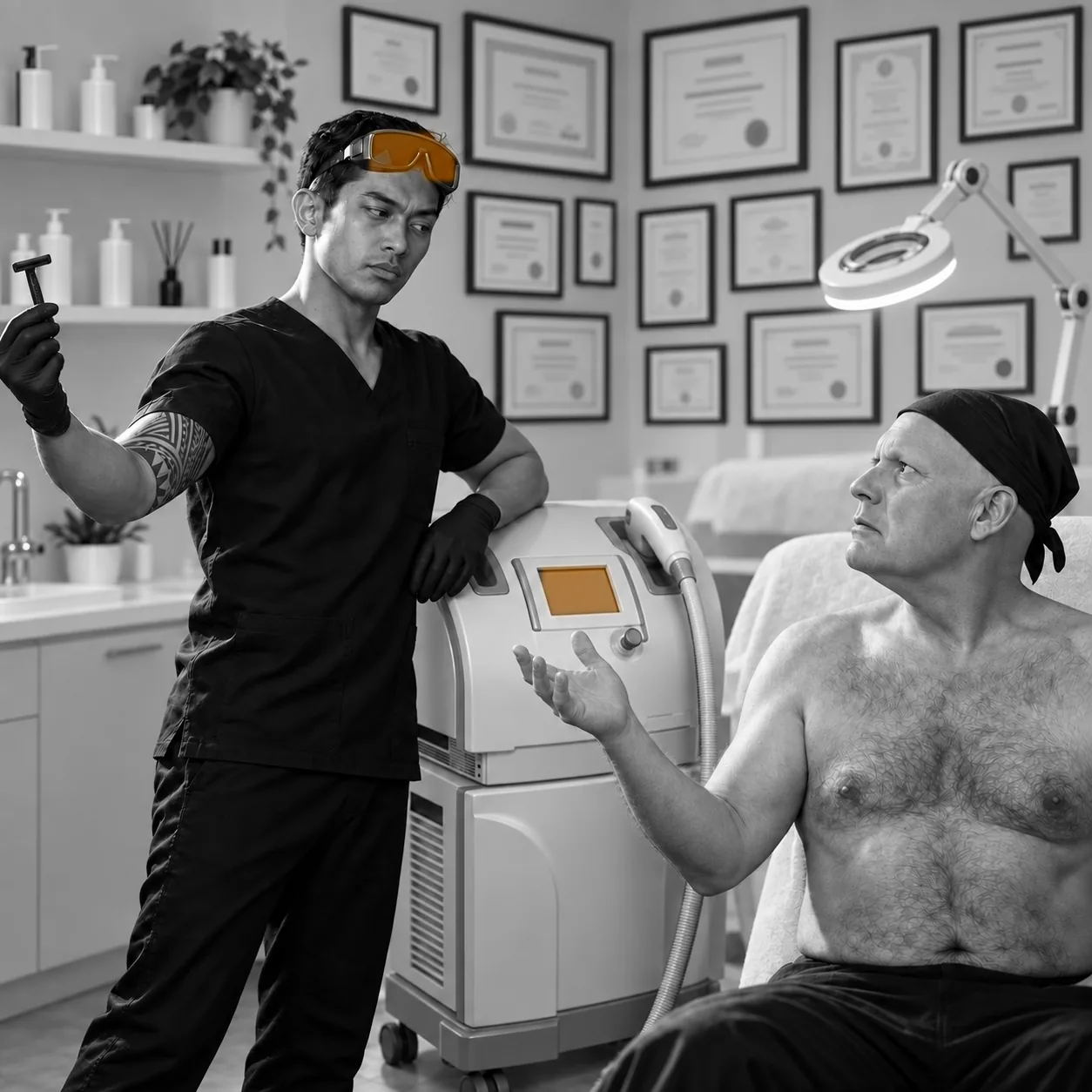 Black and white treatment room scene: a Filipino esthetician holds a disposable razor away at arm's length with one hand and rests the other on a laser machine, while a bald man in a bandana with a hairy chest protests.