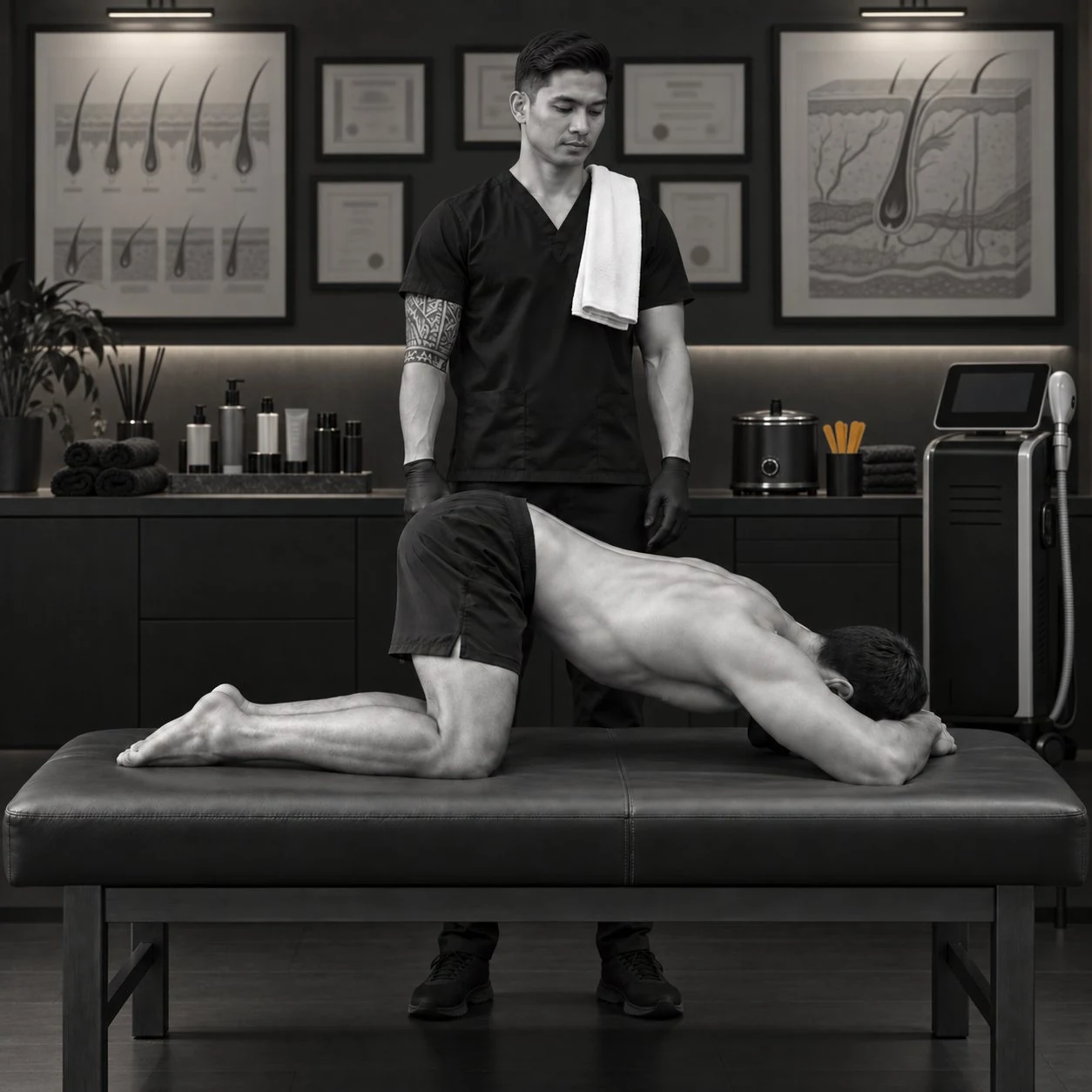 A male client kneeling in child's pose on a treatment table while a male esthetician in black scrubs and gloves stands behind him in a modern hair removal studio
