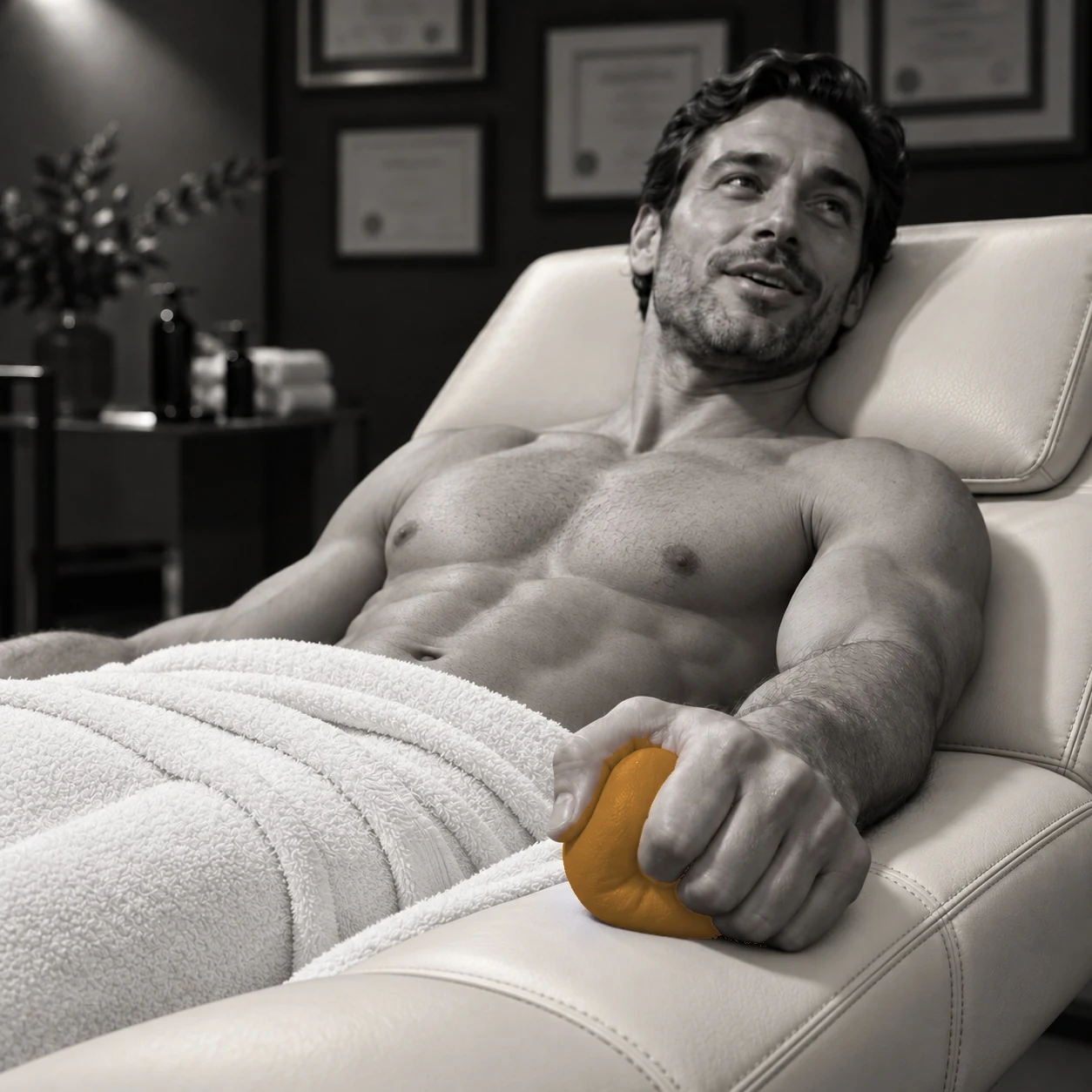 A relaxed male client reclining during a Brozilian appointment, chatting easily while his fist crushes a stress ball flat
