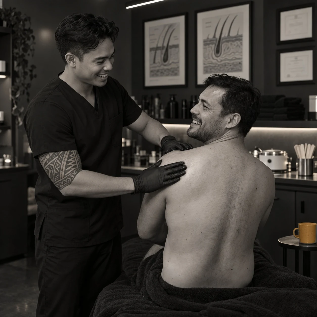 A male esthetician in black scrubs and black gloves works on the shoulder of a seated male client, both men laughing mid-conversation in a modern hair removal studio