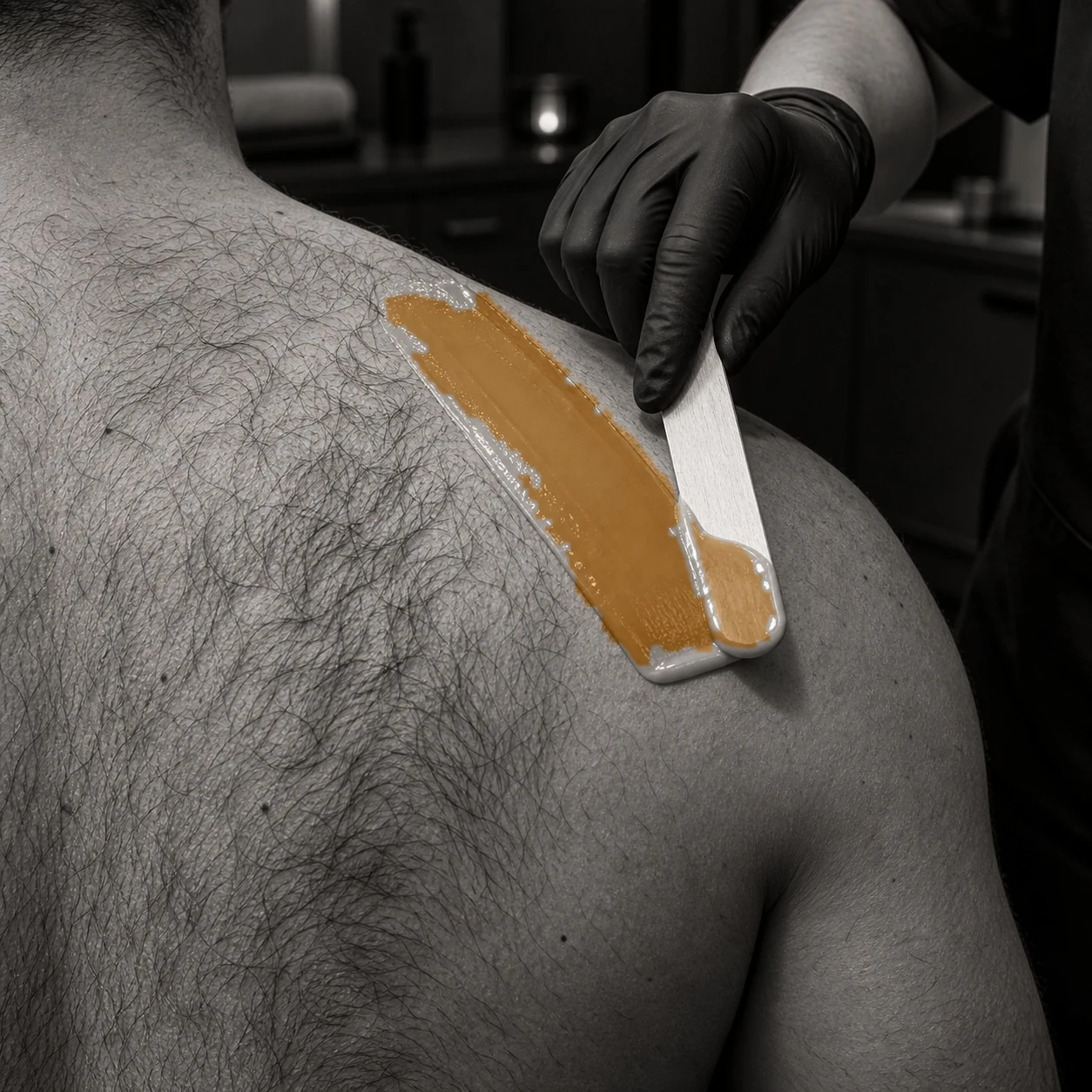 A black-gloved hand draws a wooden spatula across a man's hairy upper back, laying down a smooth band of warm hard wax before removal