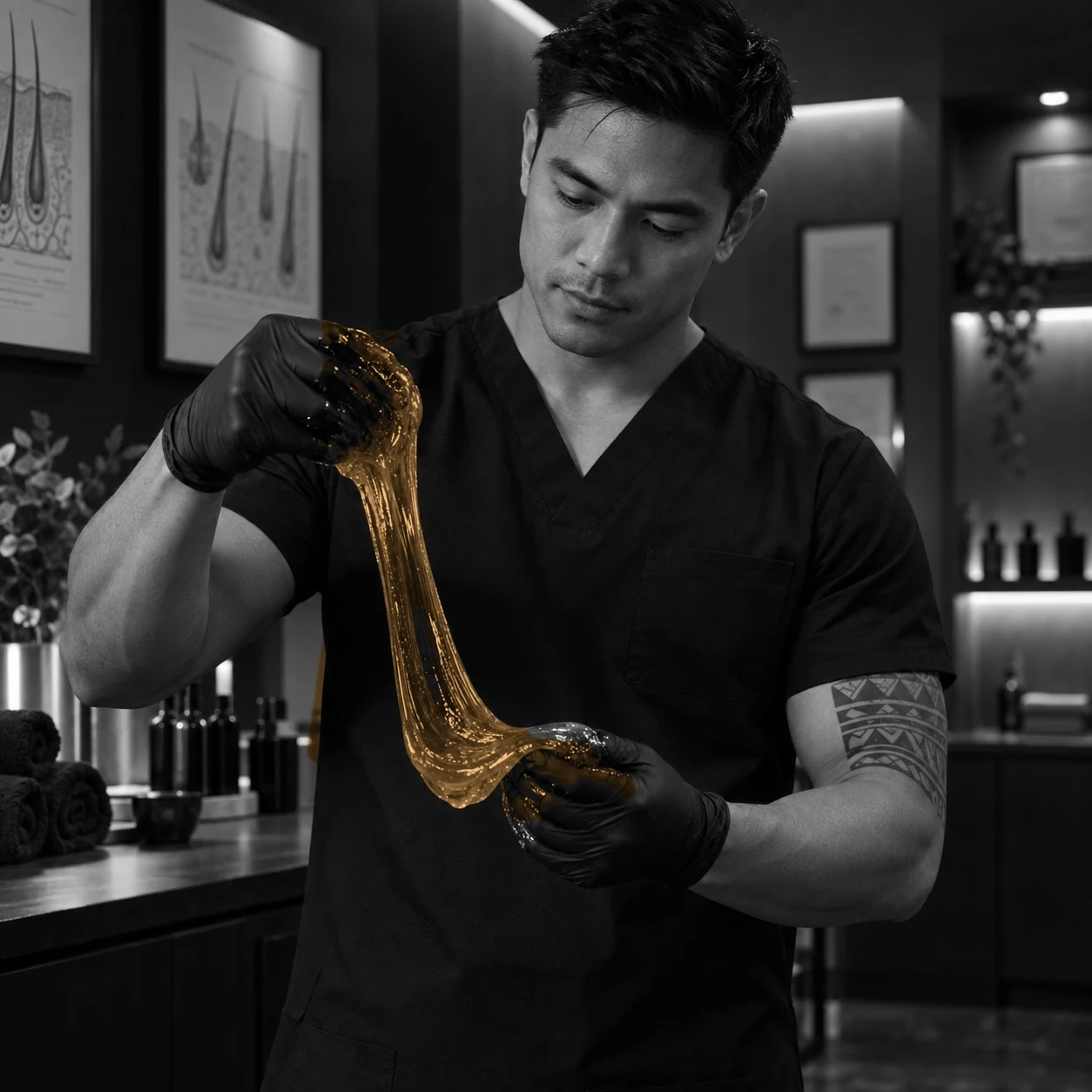 A male esthetician in black scrubs and black gloves stretches a ribbon of warm amber sugaring paste between his hands in a modern hair removal studio