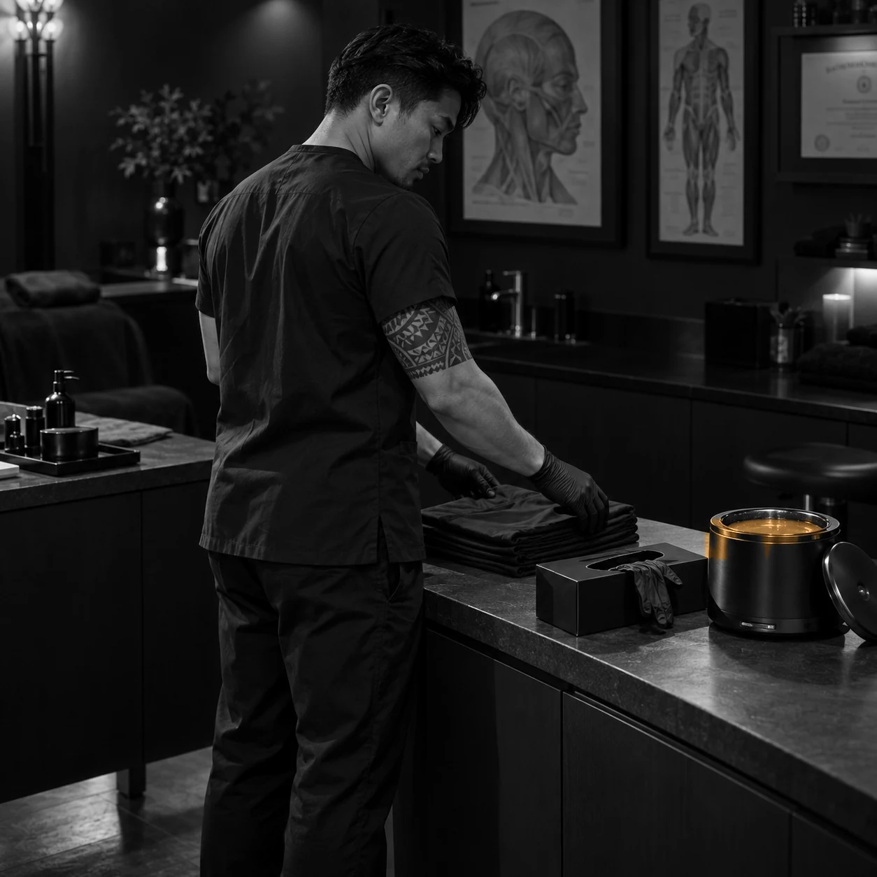 A male Filipino esthetician in black scrubs preparing a wax warmer in a clean treatment room