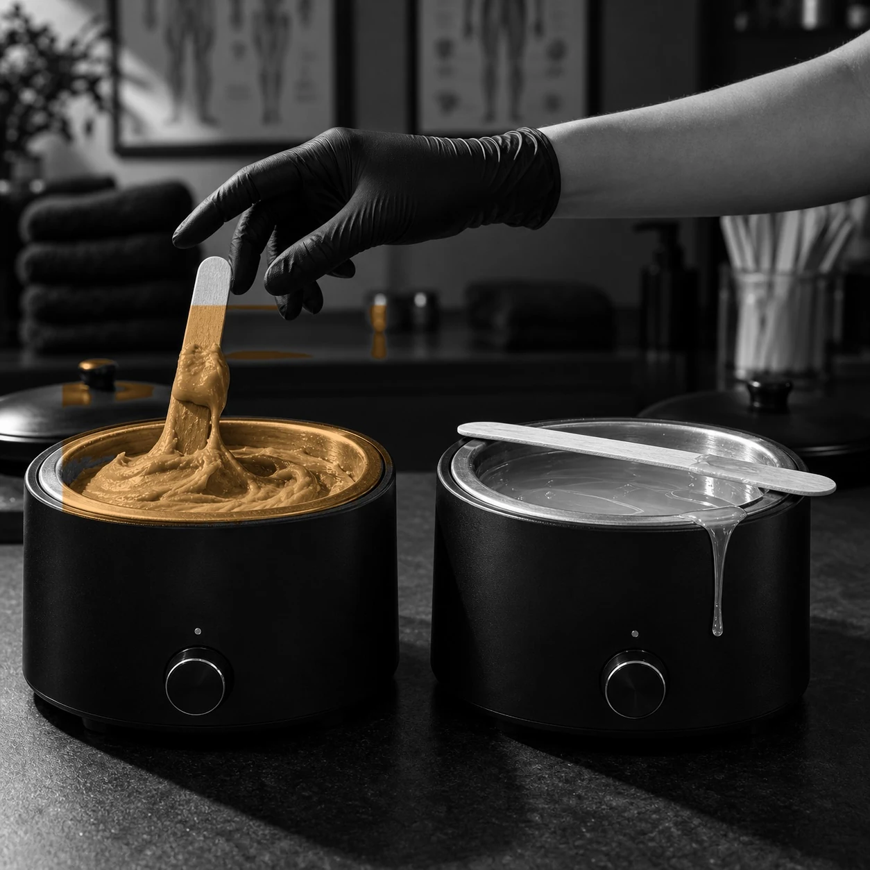Two wax pots side by side in a clean treatment room, hard wax on the left and cream wax on the right, with a spatula lifting a ribbon of hard wax