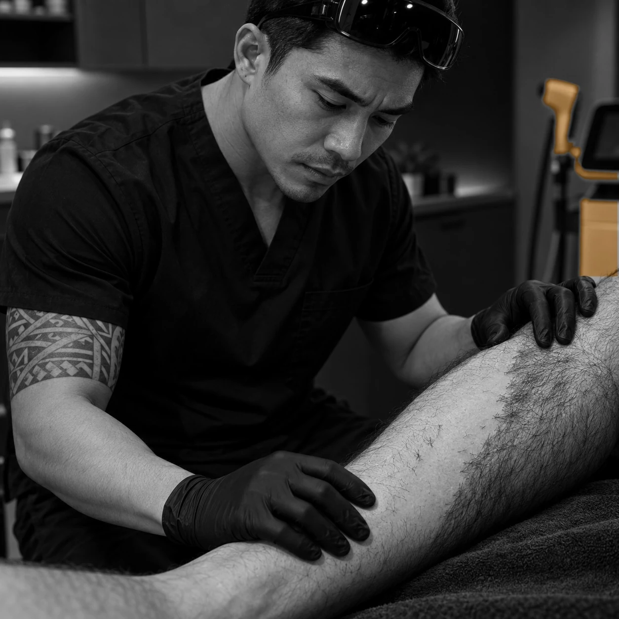 Patchy regrowth after a discount laser hair removal course, with a professional laser handpiece at the edge of frame