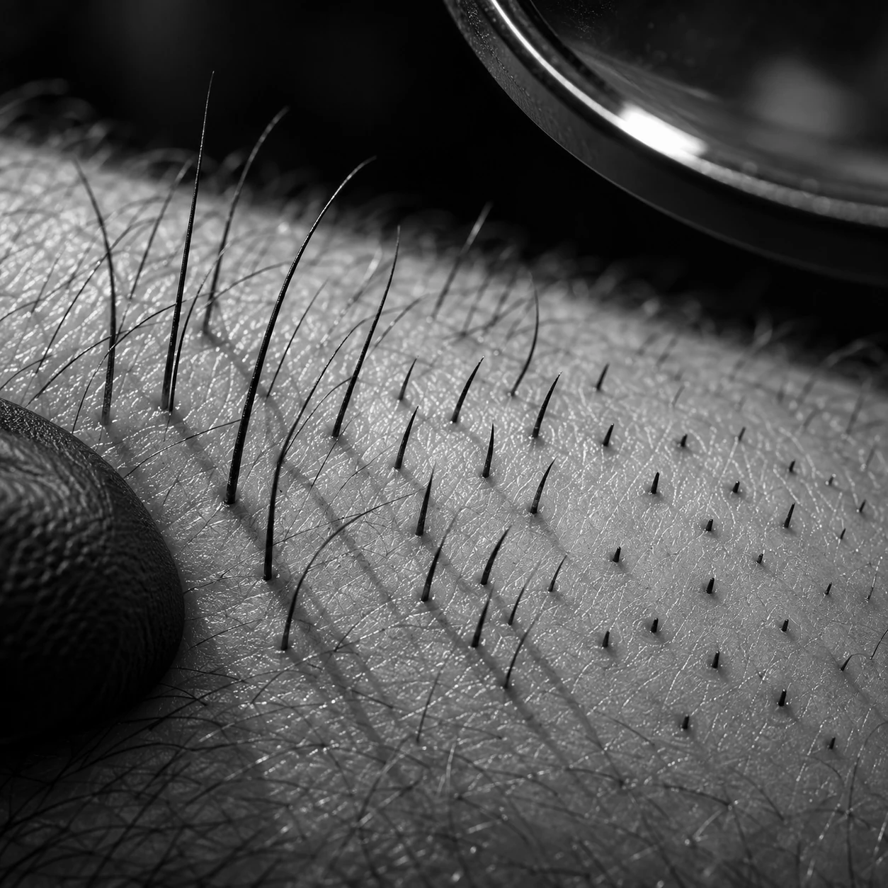 Close macro view of skin showing fine dormant hairs that have not yet entered the active growth phase