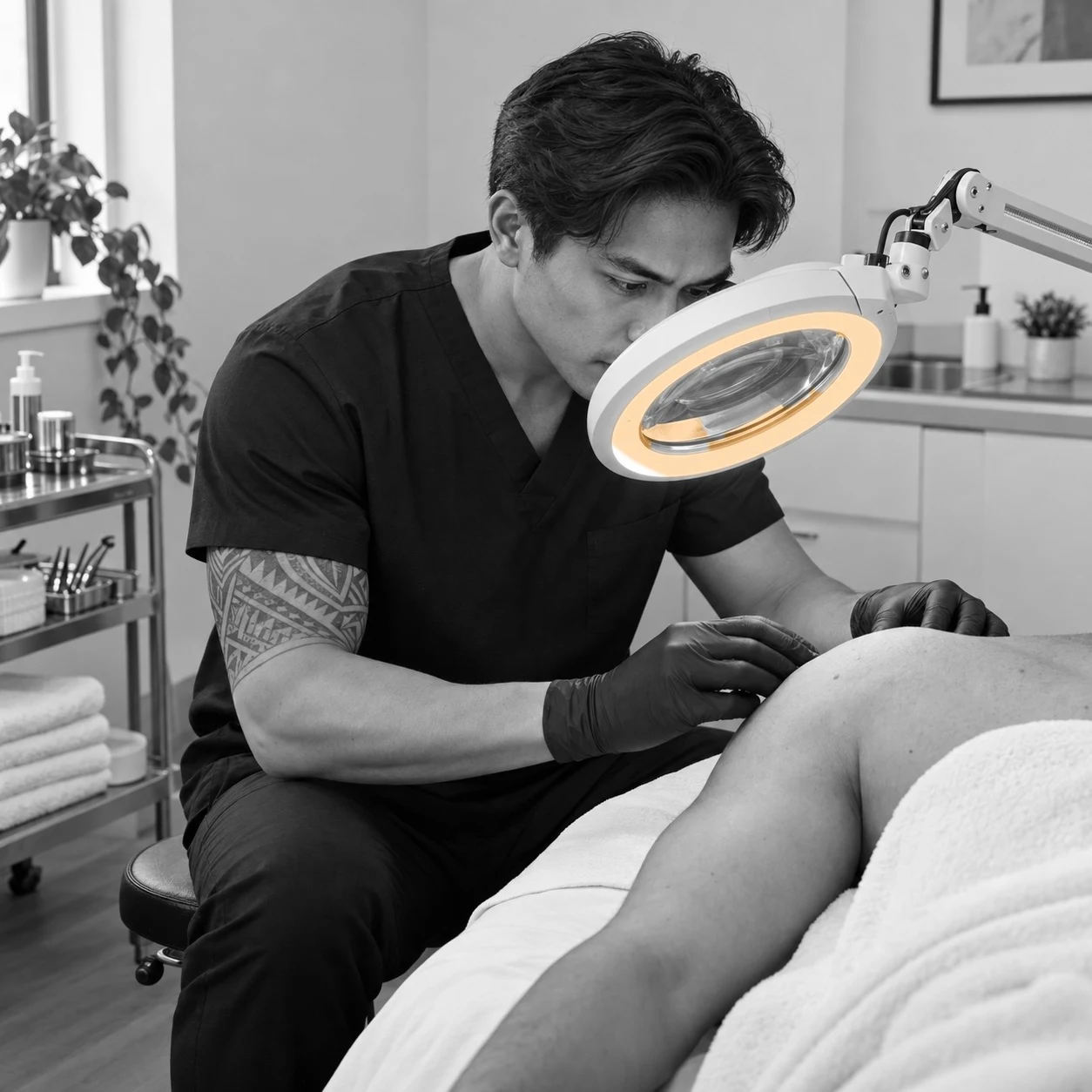 A male esthetician examines a male client's shoulder through an illuminated magnifying lamp in a clean treatment room