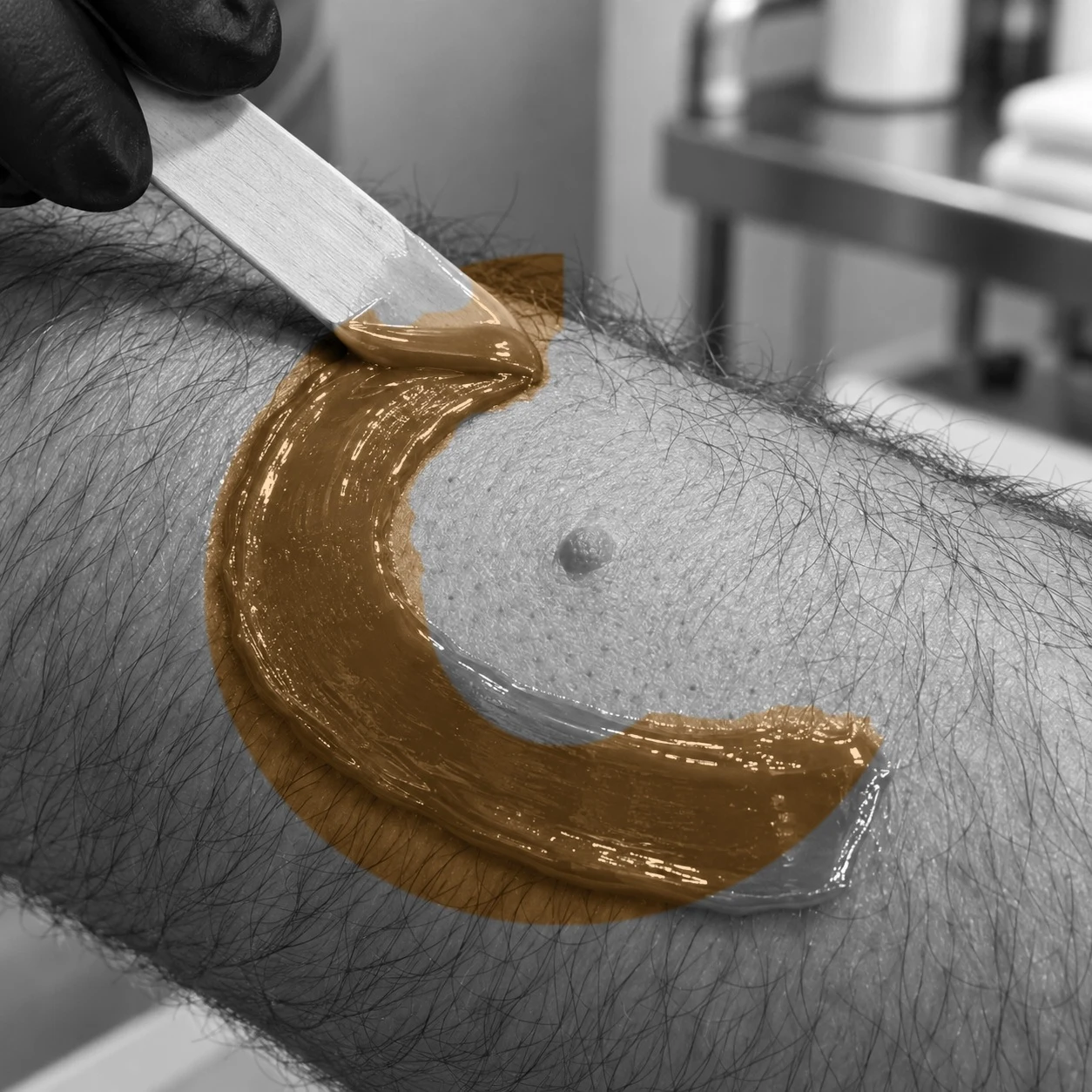 A ribbon of hard wax applied in a curve around a small raised skin lesion, leaving it untouched