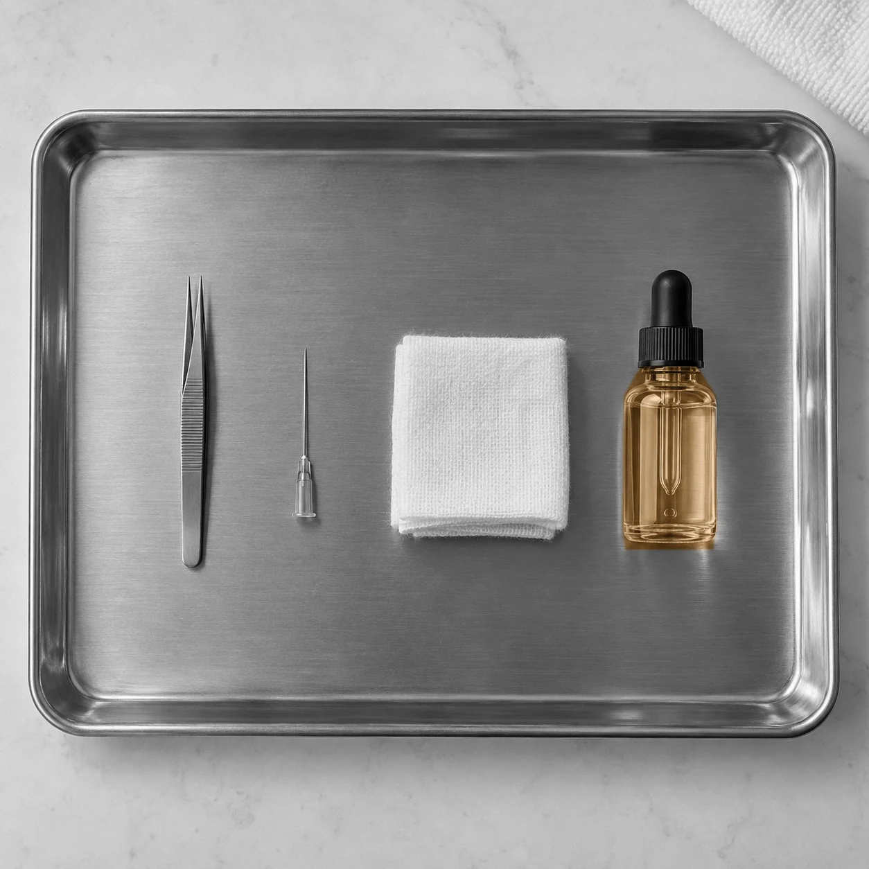 Tweezers and a sterile needle set aside on a steel tray beside a folded cloth and a dropper bottle of exfoliant