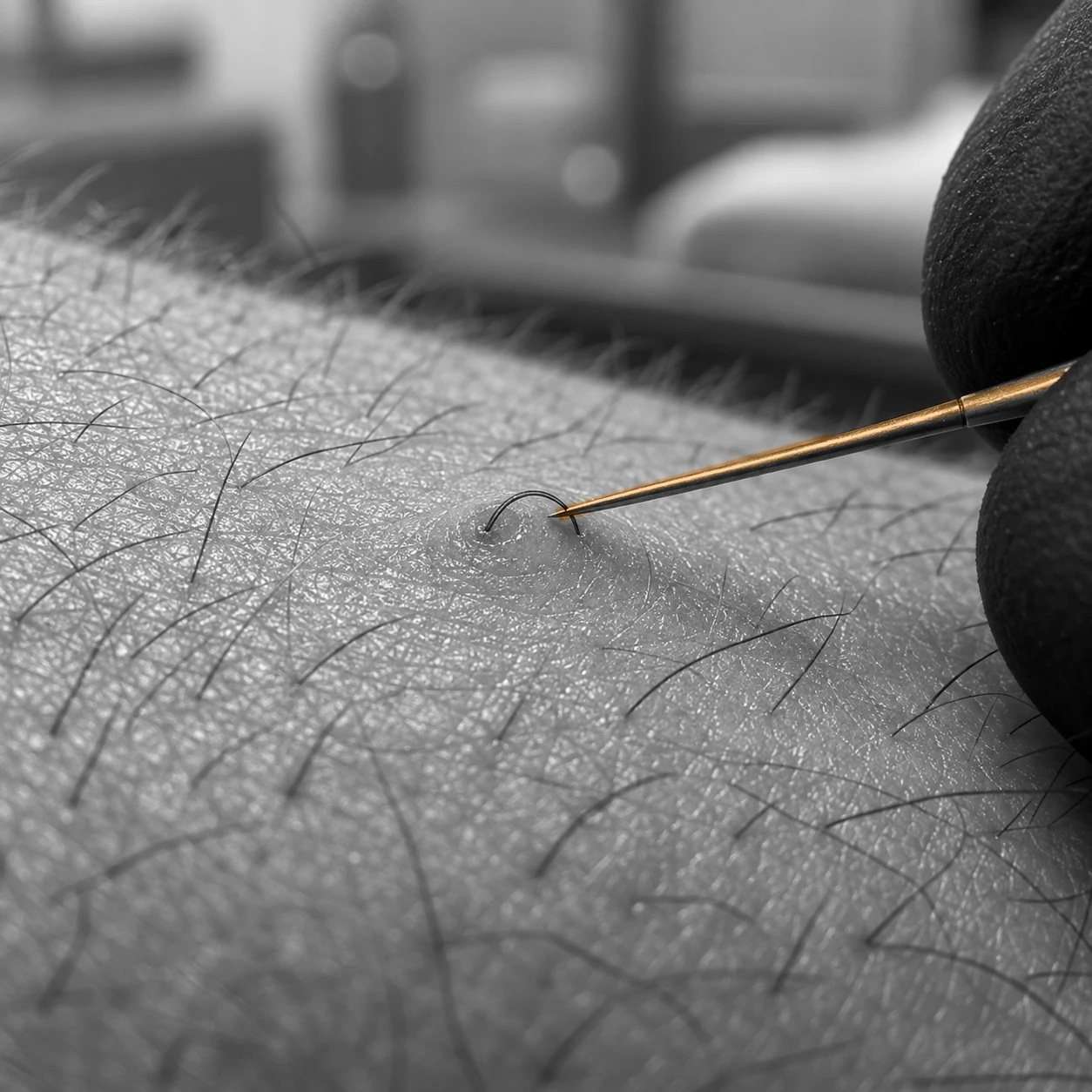 A fine needle lifting the loop of an ingrown hair clear of intact skin, without pulling it out