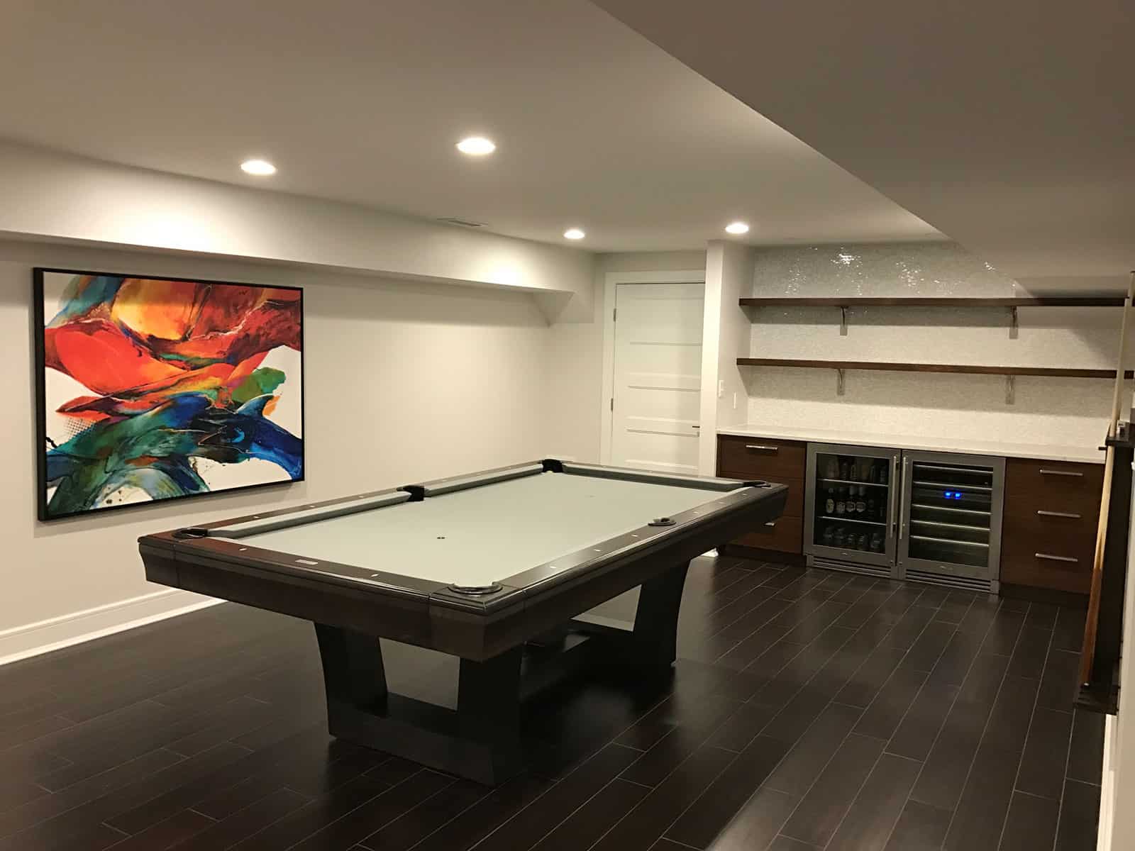 light green pool table with wing refrigerators