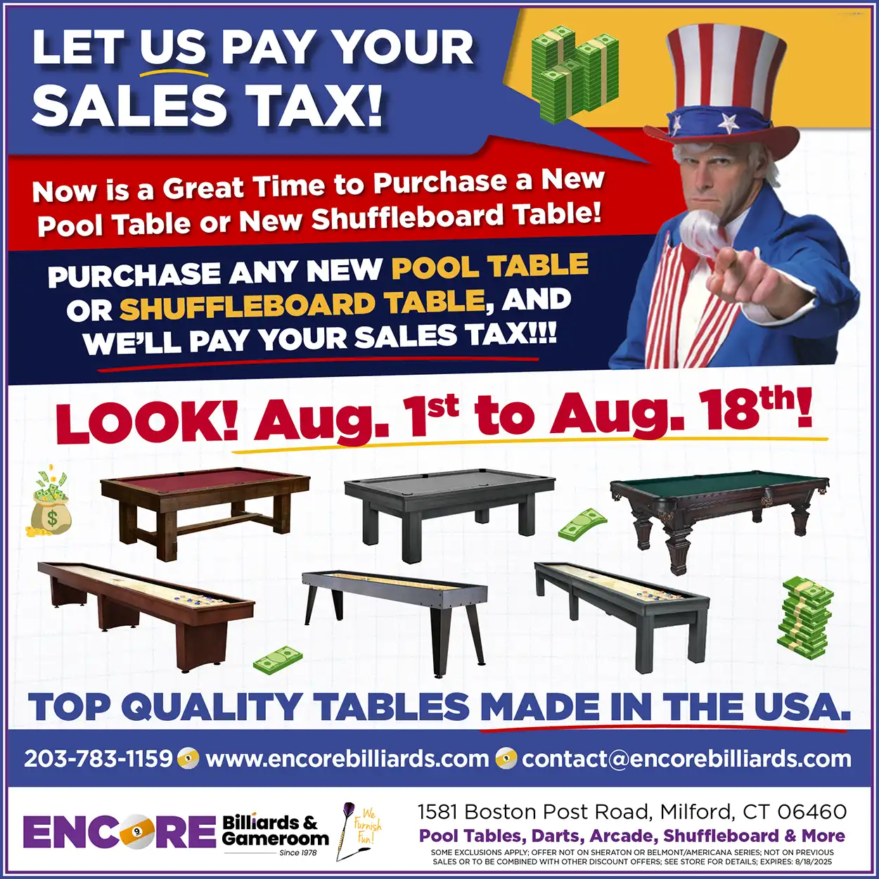 Purchase any new Pool Table or shuffleboard table, and we’ll pay your sales tax!!!