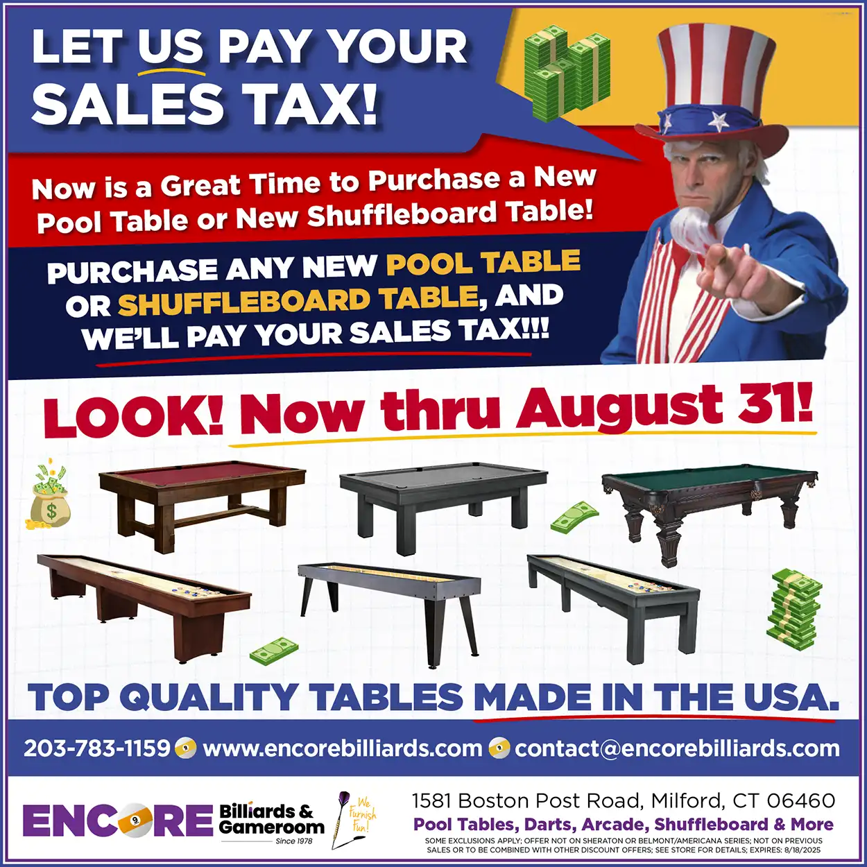 Purchase any new Pool Table or shuffleboard table, and we’ll pay your sales tax!!!