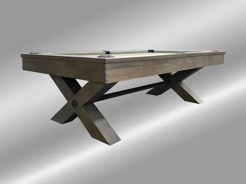 Rustic Olhausen Durango pool table in matte gray with X-frame legs, pine construction, bandsaw distressing, and modern farmhouse style profile.