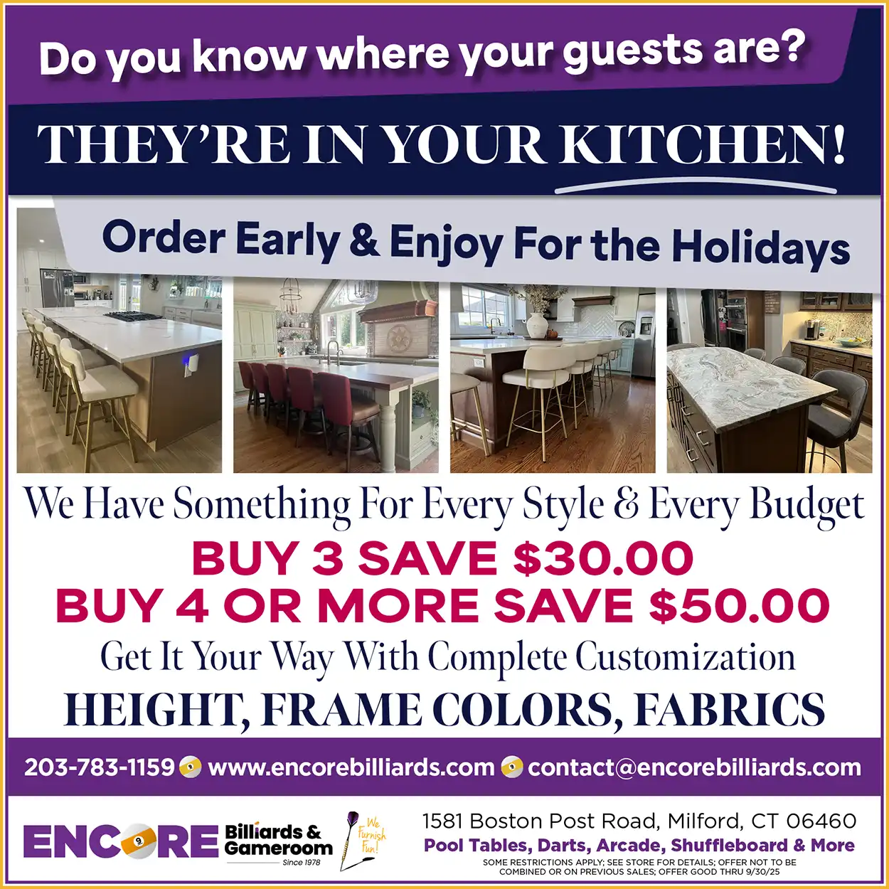 Modern kitchen stool sale flyer highlighting customizable counter stools, holiday ordering, and savings: buy 3 save $30, 4+ save $50