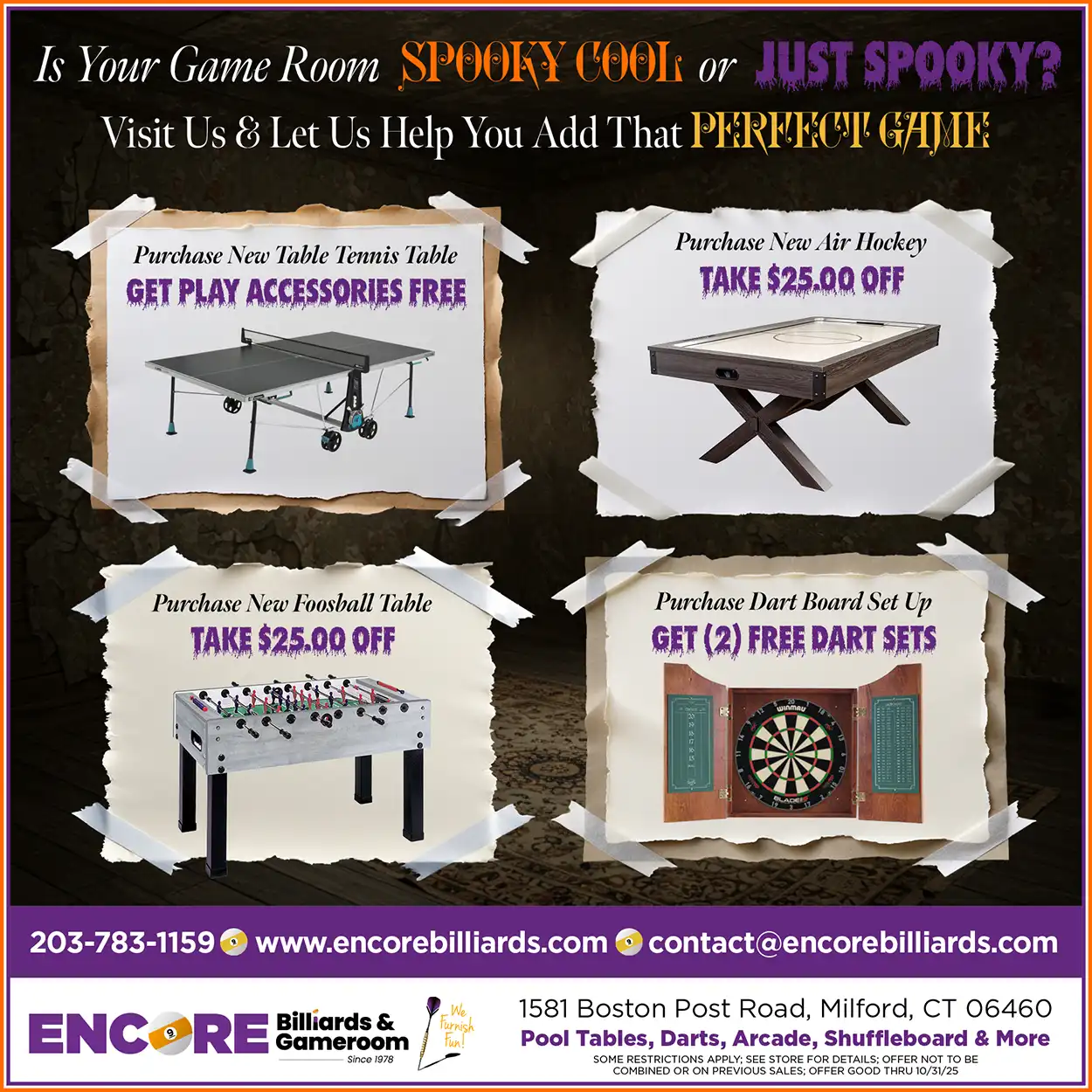 Spooky game room deals on a table tennis table, air hockey table, foosball table, and dart board.