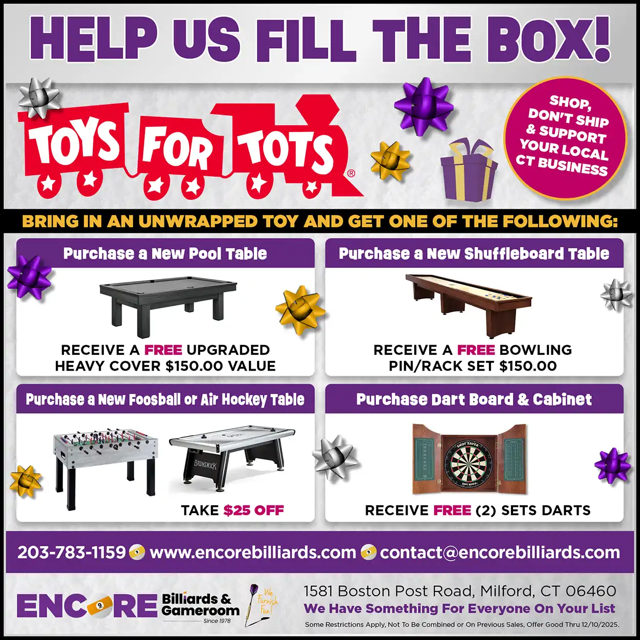 Encore Billiards Toys for Tots drive: Bring an unwrapped toy for discounts on pool, shuffleboard, foosball, air hockey tables, or dart boards.