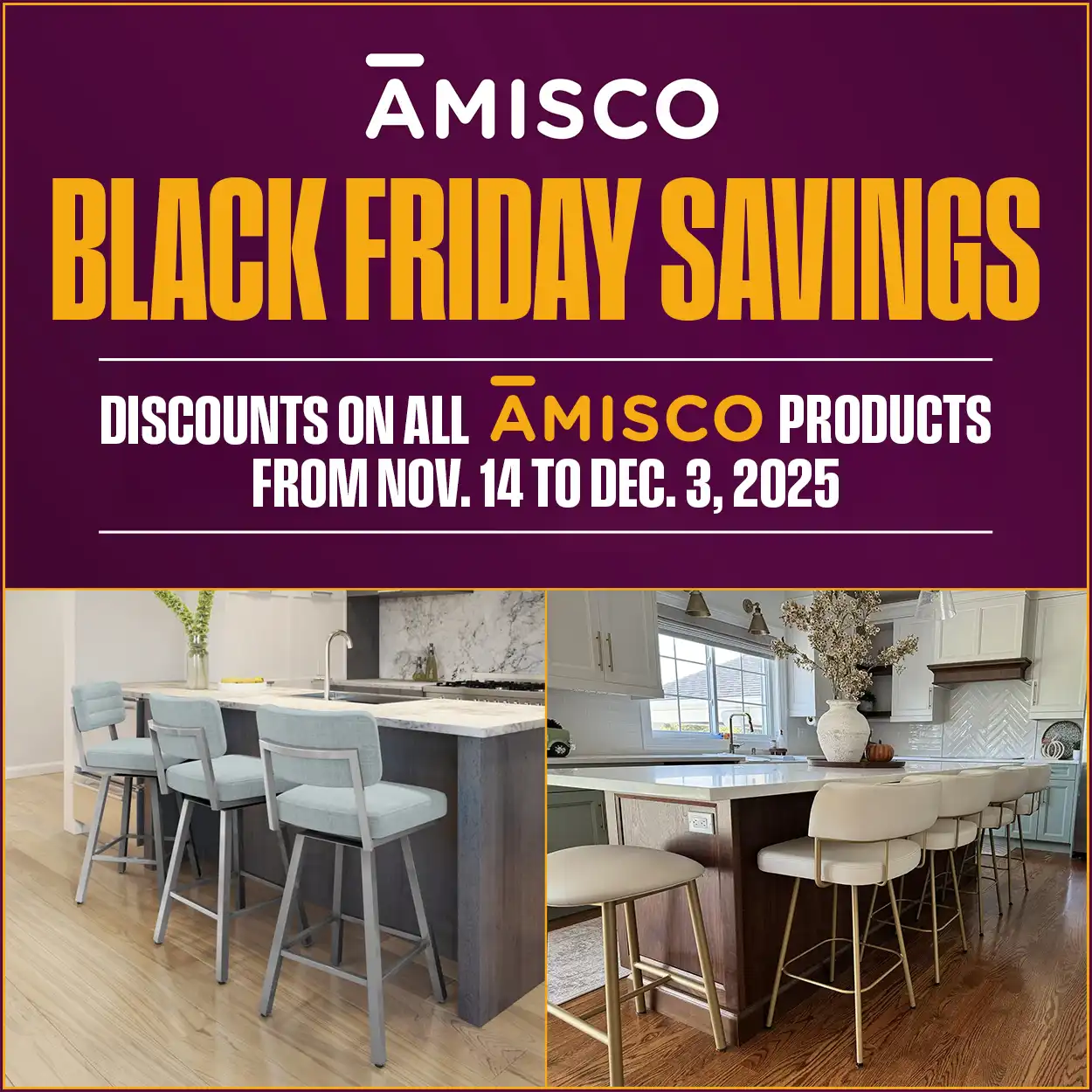 Amisco Black Friday Savings flyer for Encore Billiards & Gameroom, promoting discounts on Amisco products November 14 to December 3, 2025.