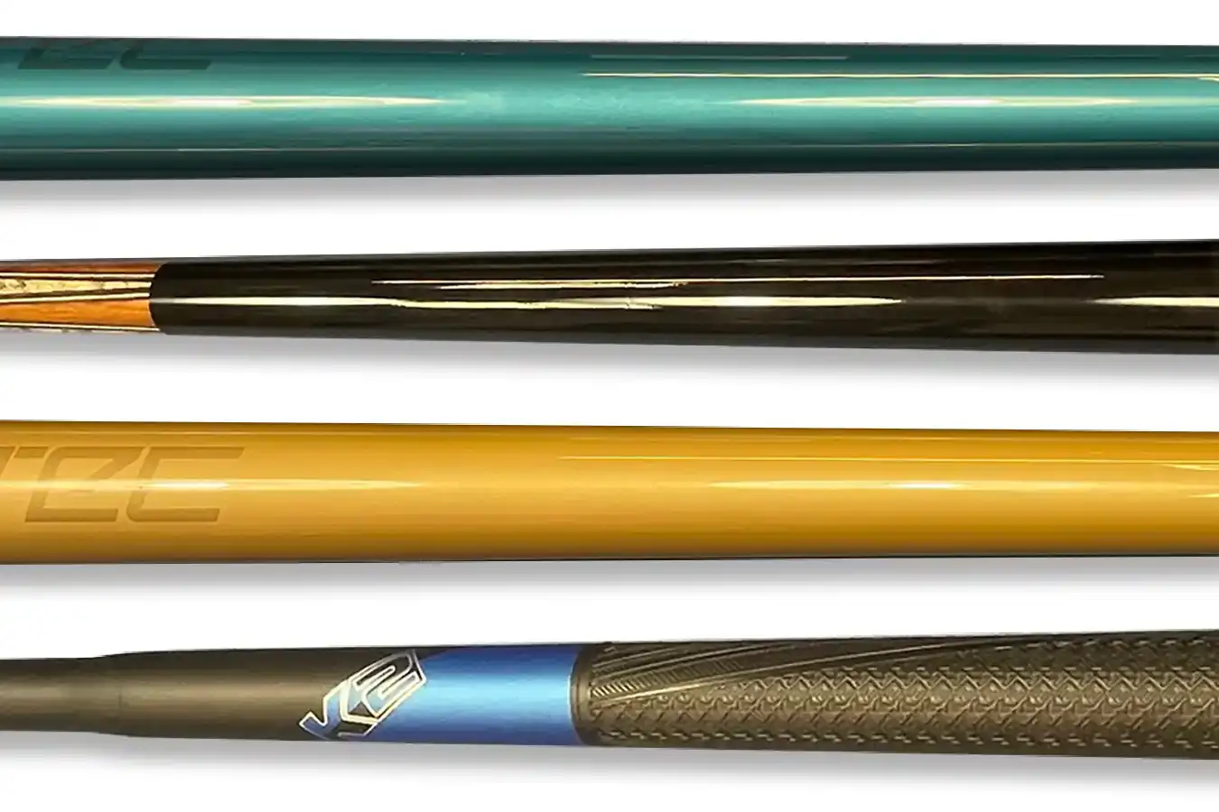 Four pool cues displayed horizontally against a white background, showcasing various colors and textures, including teal, black, gold, and blue.