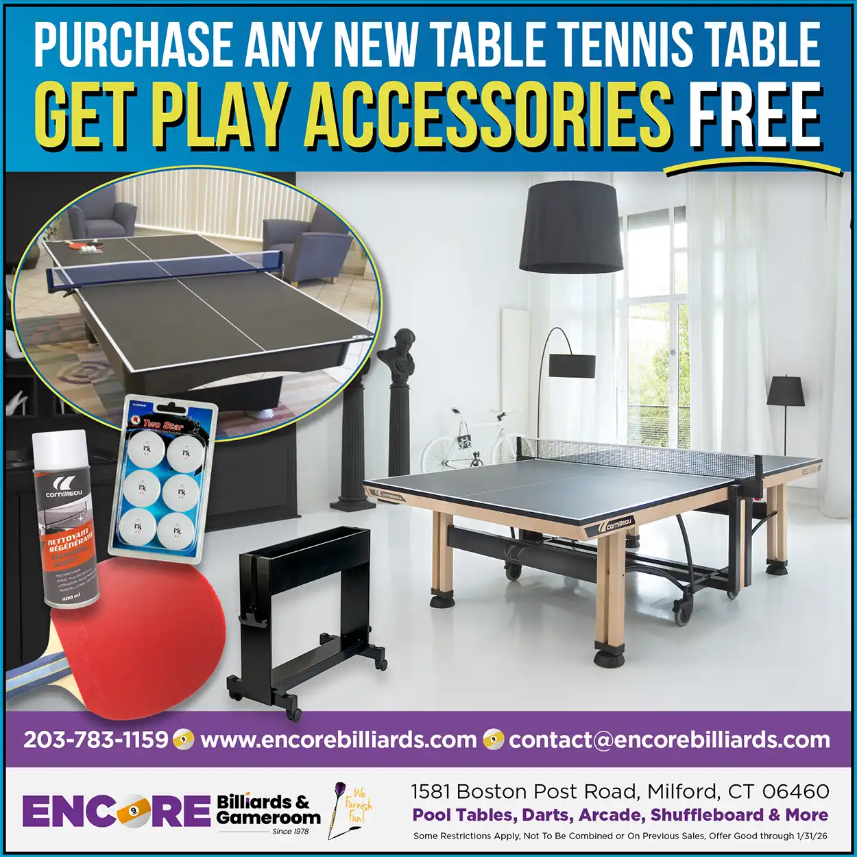 Purchase any new table tennis table and get free play accessories at Encore Billiards & Gameroom in Milford, CT. Offer ends 1/31/26.