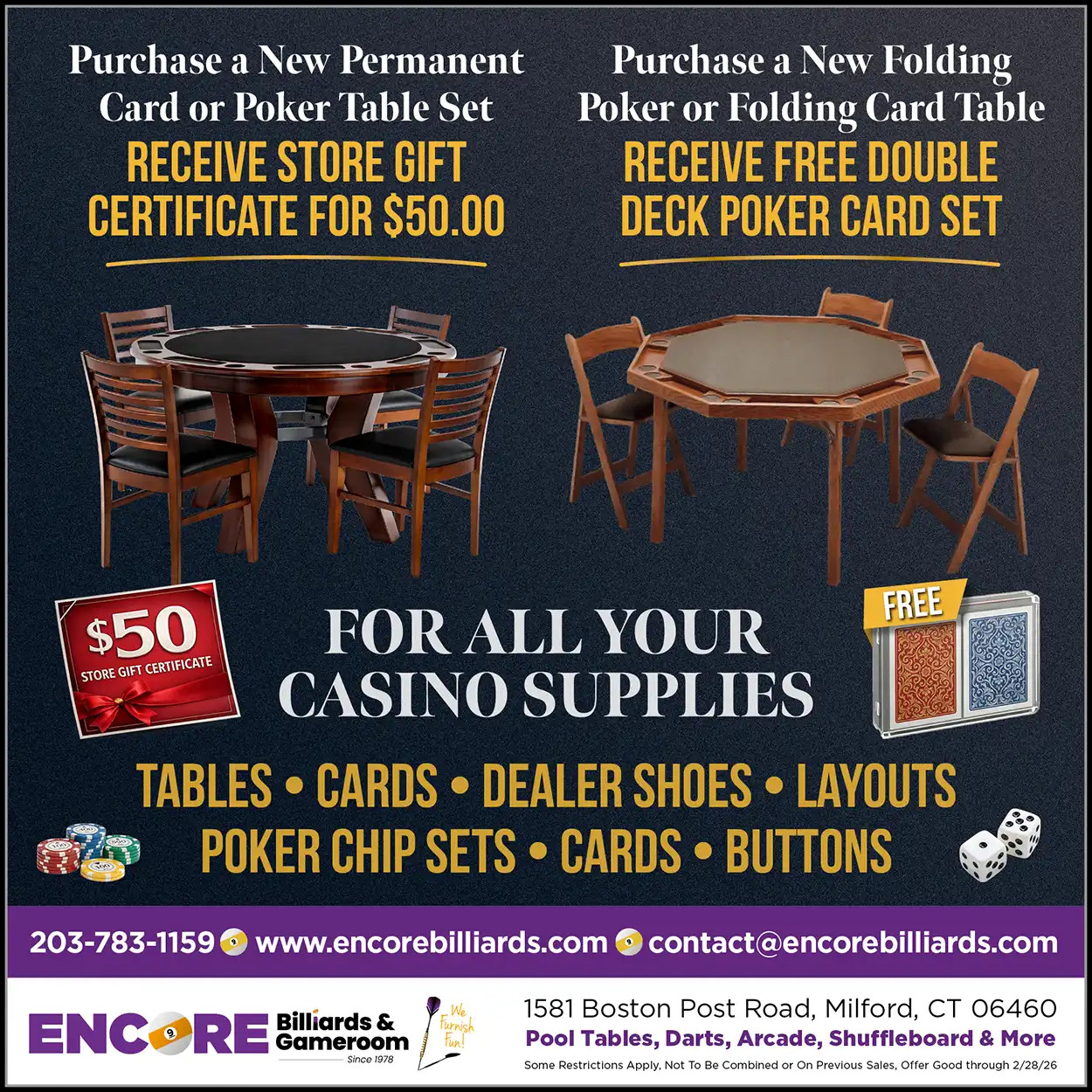 Buy a permanent poker table for a $50 gift card or a folding table for free cards, plus all your casino supplies.