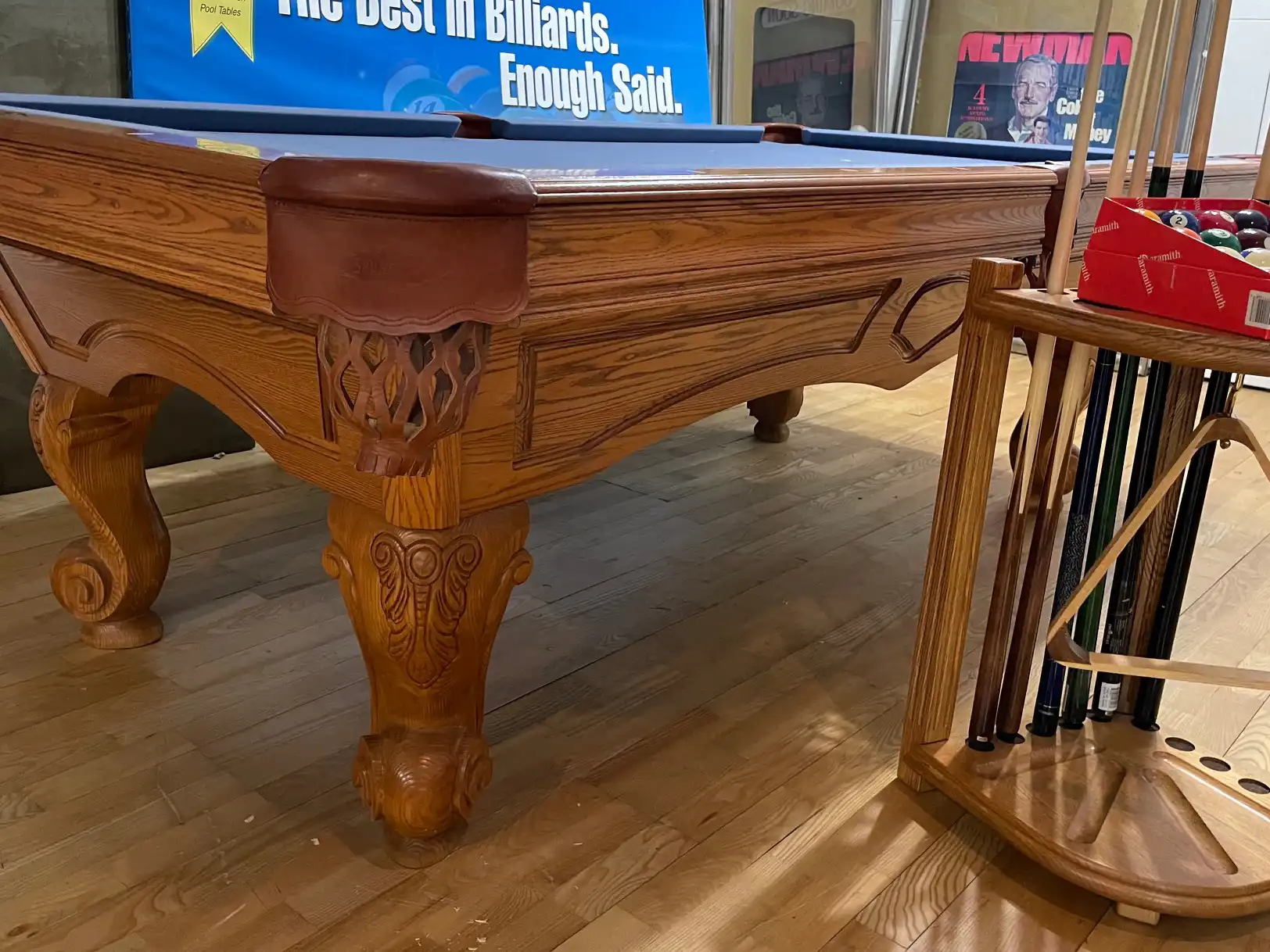 8' Brunswick Avalon; 3 piece slate, leather drop pockets, medium oak finish Includes: orig equipment, choice of new Titan cloth color, cond good. This Table: $2650.00