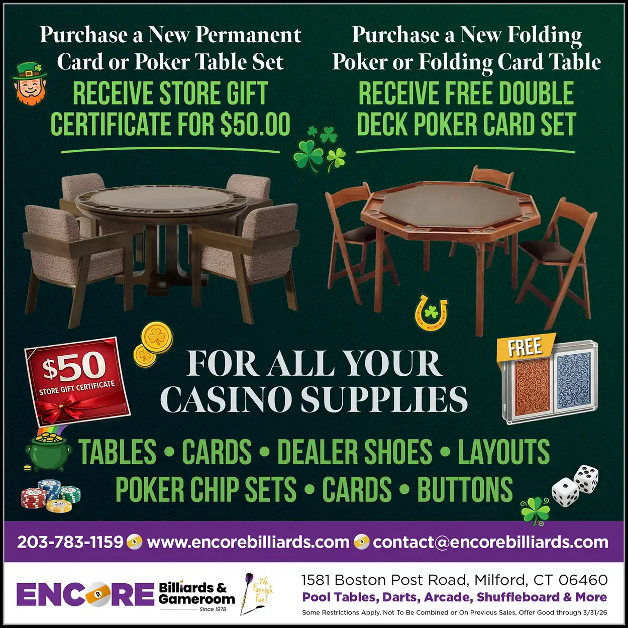 St. Patrick's Day sale at Encore Billiards featuring poker table sets, a $50 gift certificate offer, and free playing cards. Valid through 3/31/26.