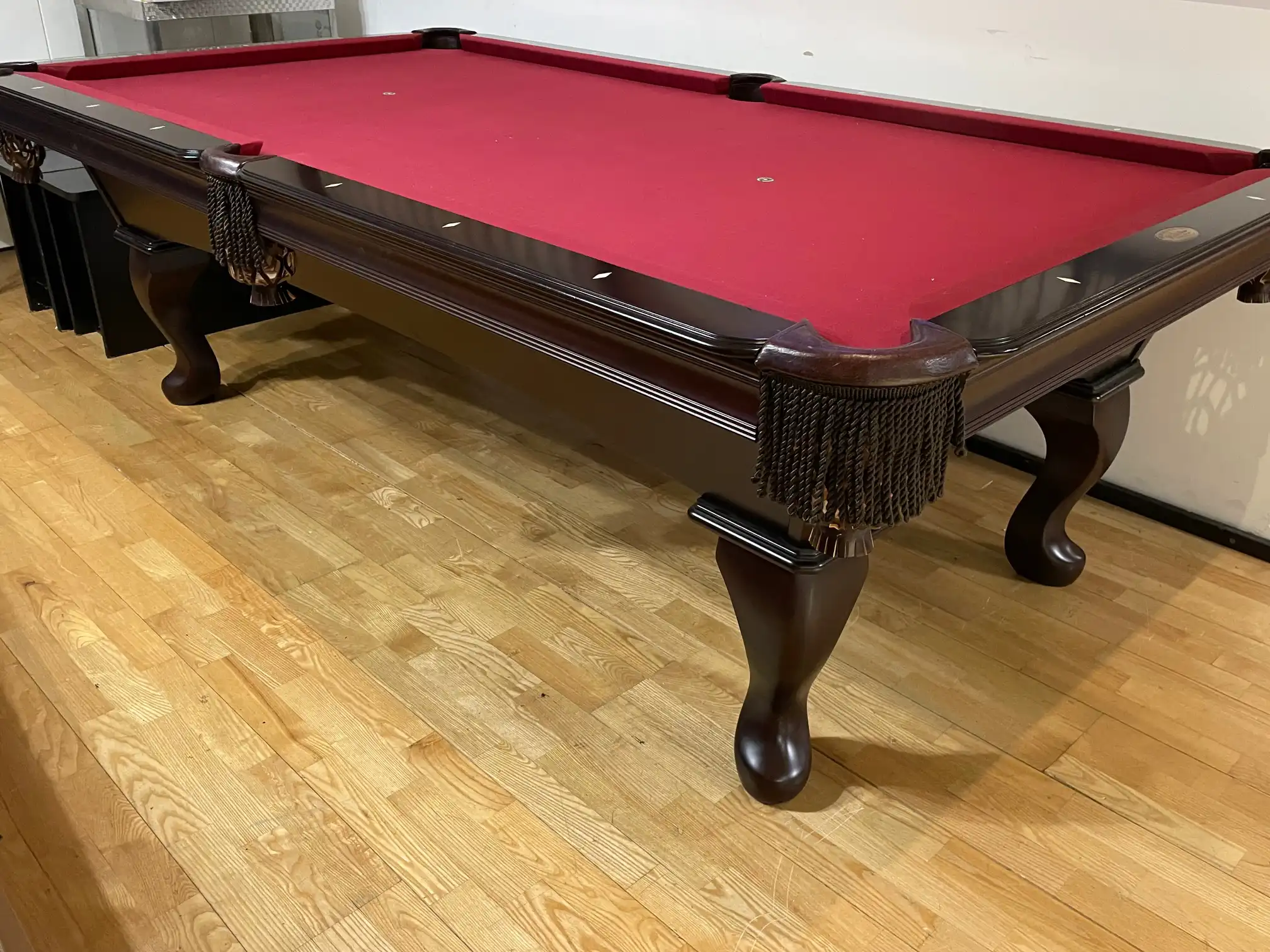 8' Olhausen Eclipse; 3pc slate, t/c / maple finish, leather drop pockets, made in USA, good cond. Includes: New Titan 21oz cloth (color optional); some equipment. This Table: $2995.00
