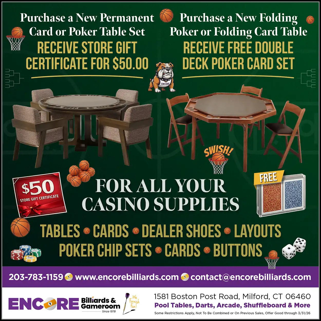 March Madness sale on poker tables and card sets. Get a $50 gift certificate or free cards with purchase. Through 3/31/26.