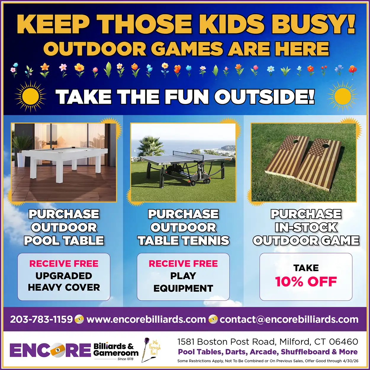 Promotional flyer for outdoor games: deals on pool tables, table tennis, and other games with free accessories and discounts.