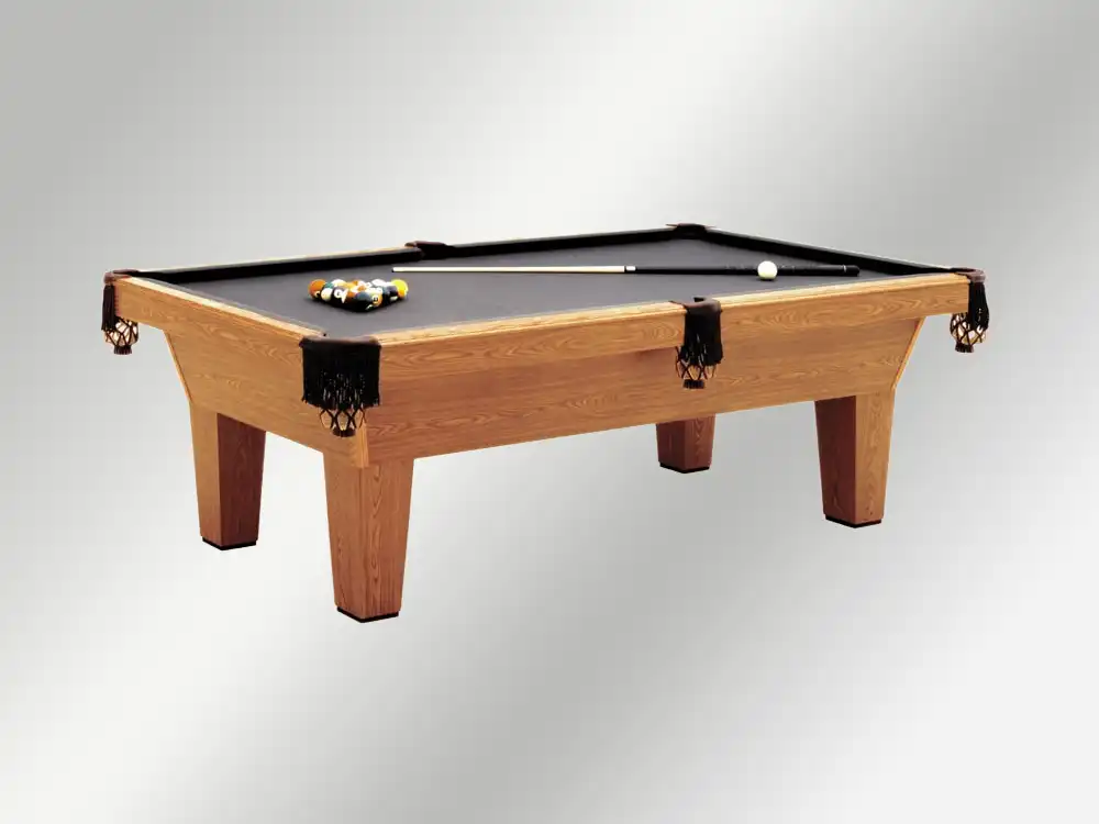 Olhausen Sheraton 8-foot pool table featuring a natural oak wood finish, black felt playing surface, and classic fringed leather drop pockets on a grey background.