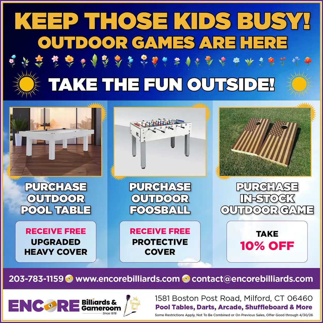 Promotional flyer for outdoor games: deals on pool tables, fooball, and other games with free accessories and discounts.